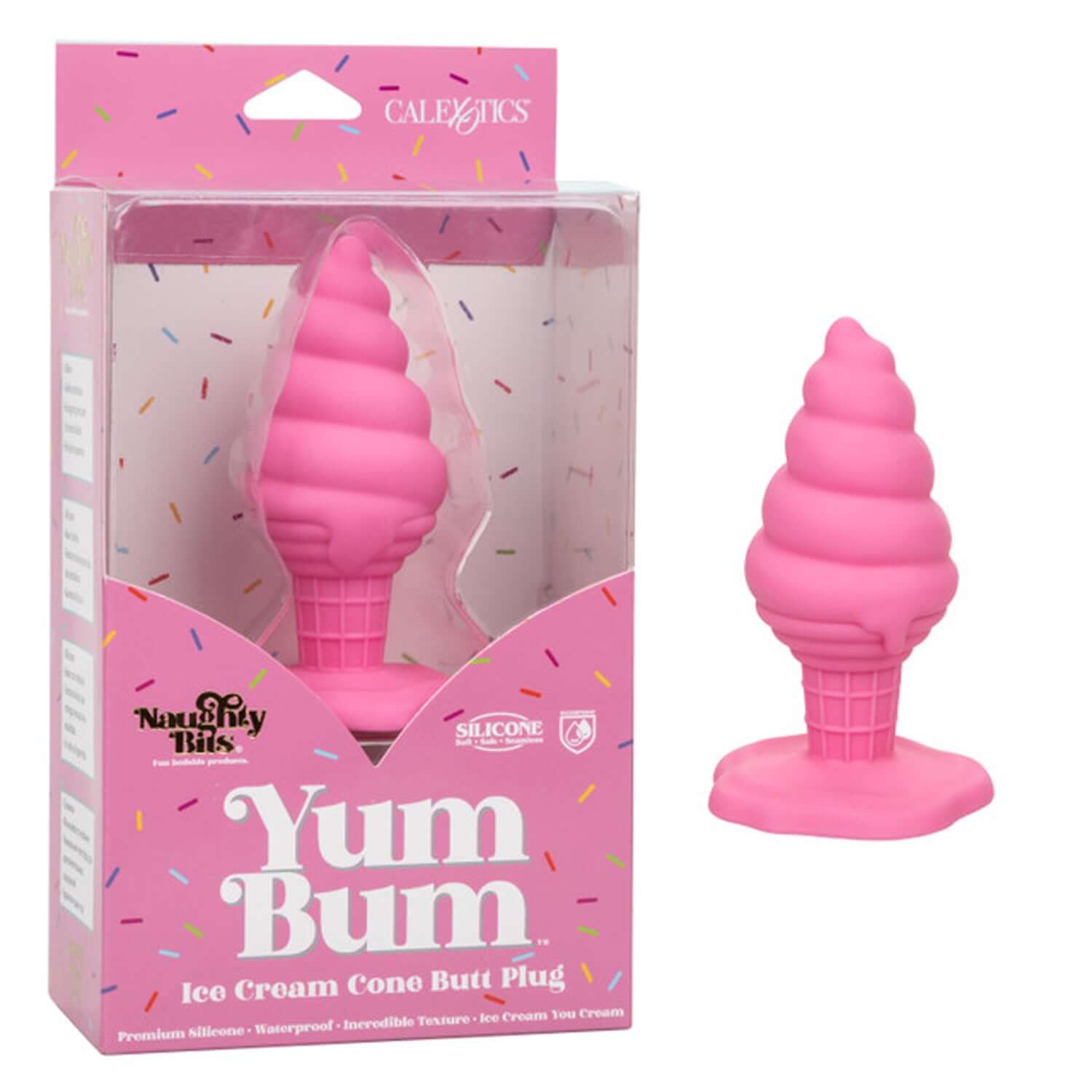 Naughty Bits Yum Bum Ice Cream Cone Butt Plug in pink packaging featuring a silicone design with fun sprinkles.