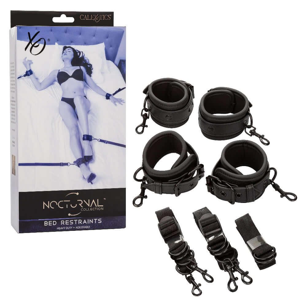 Nocturnal Collection Bed Restraints in Black featuring cuffs and straps for adventurous intimate play.