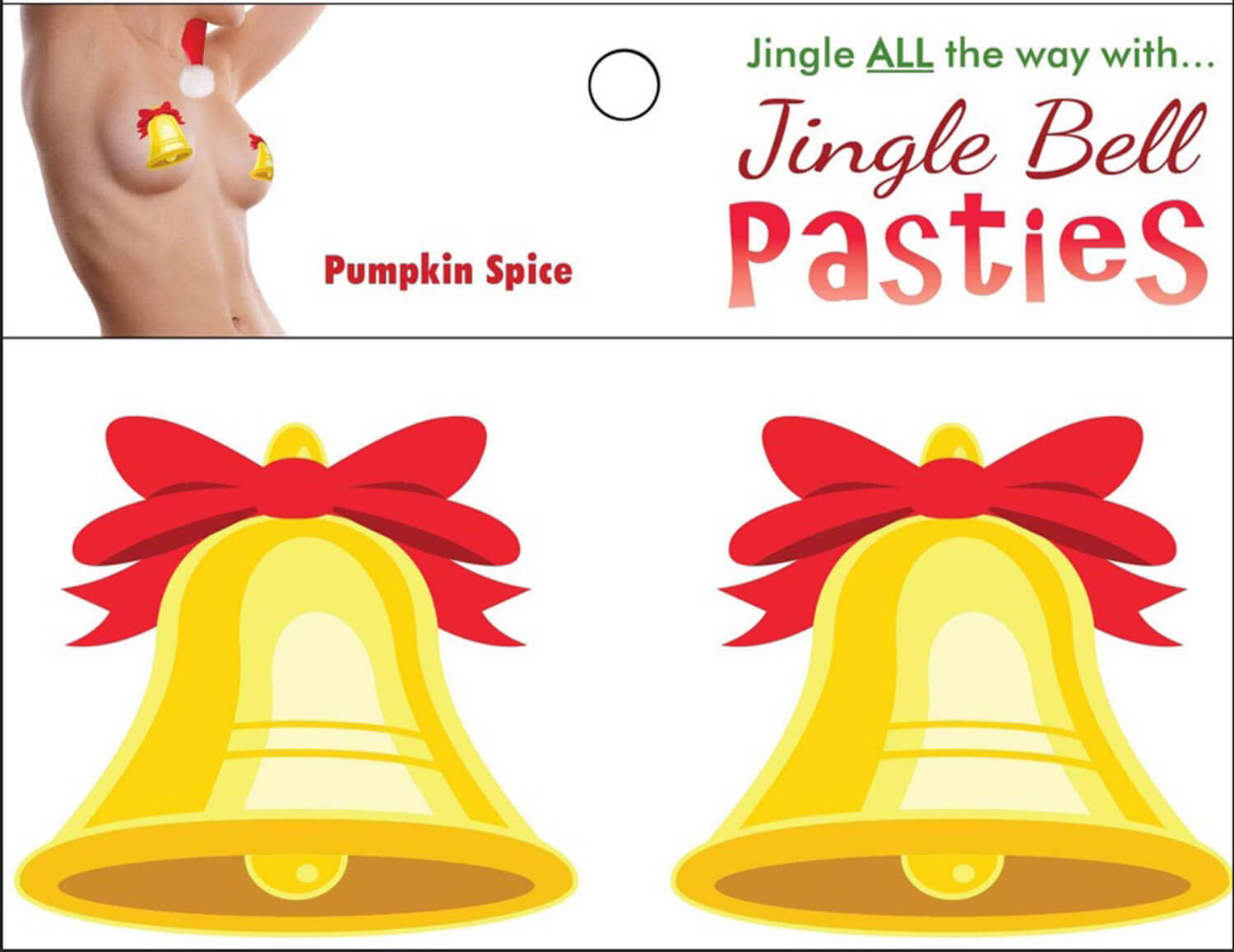 Jingle Bell Pasties in pumpkin spice flavor with a festive holiday design featuring yellow bells and red bows, set of two edible pasties.