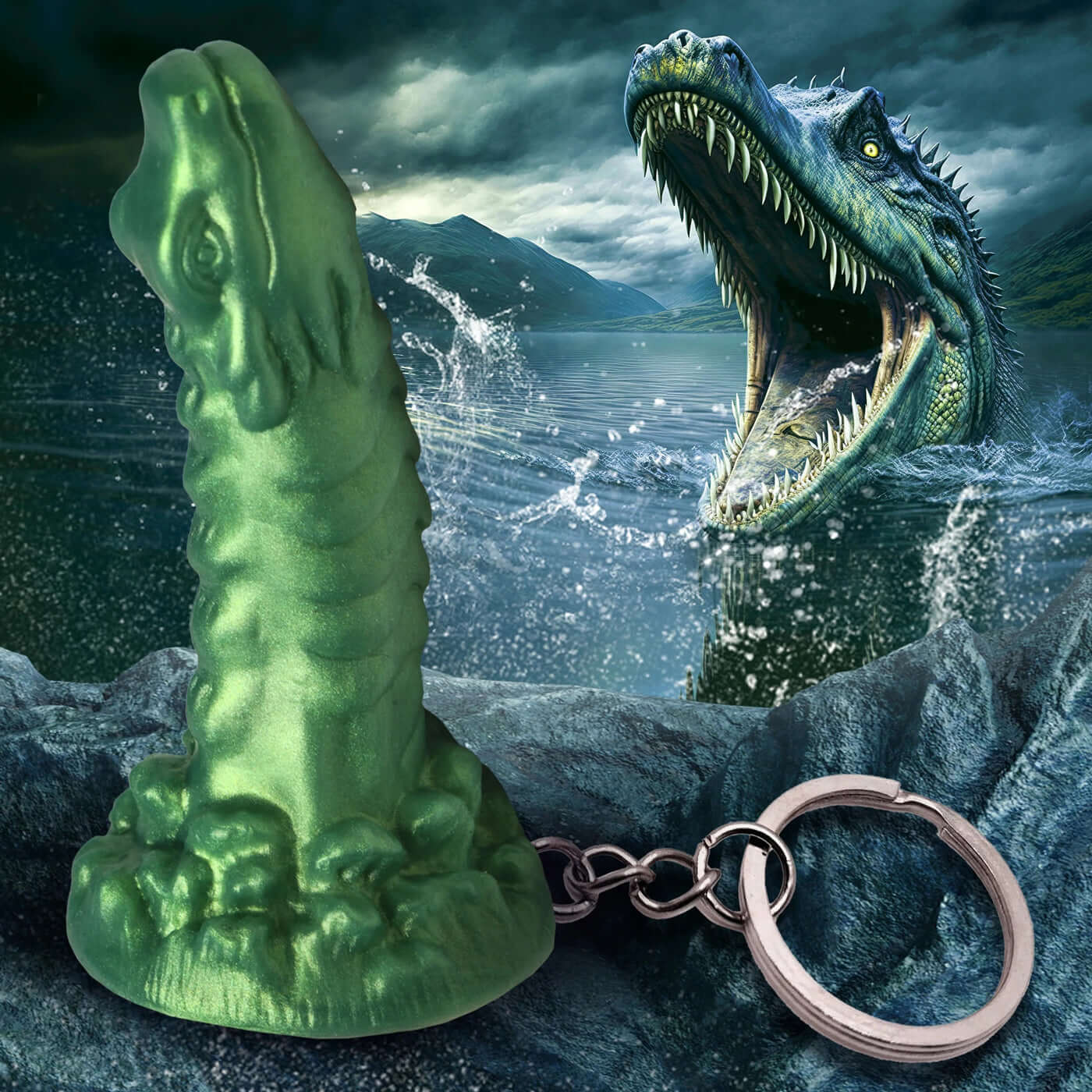 Green Cockness Monster keychain with mythical creature in background