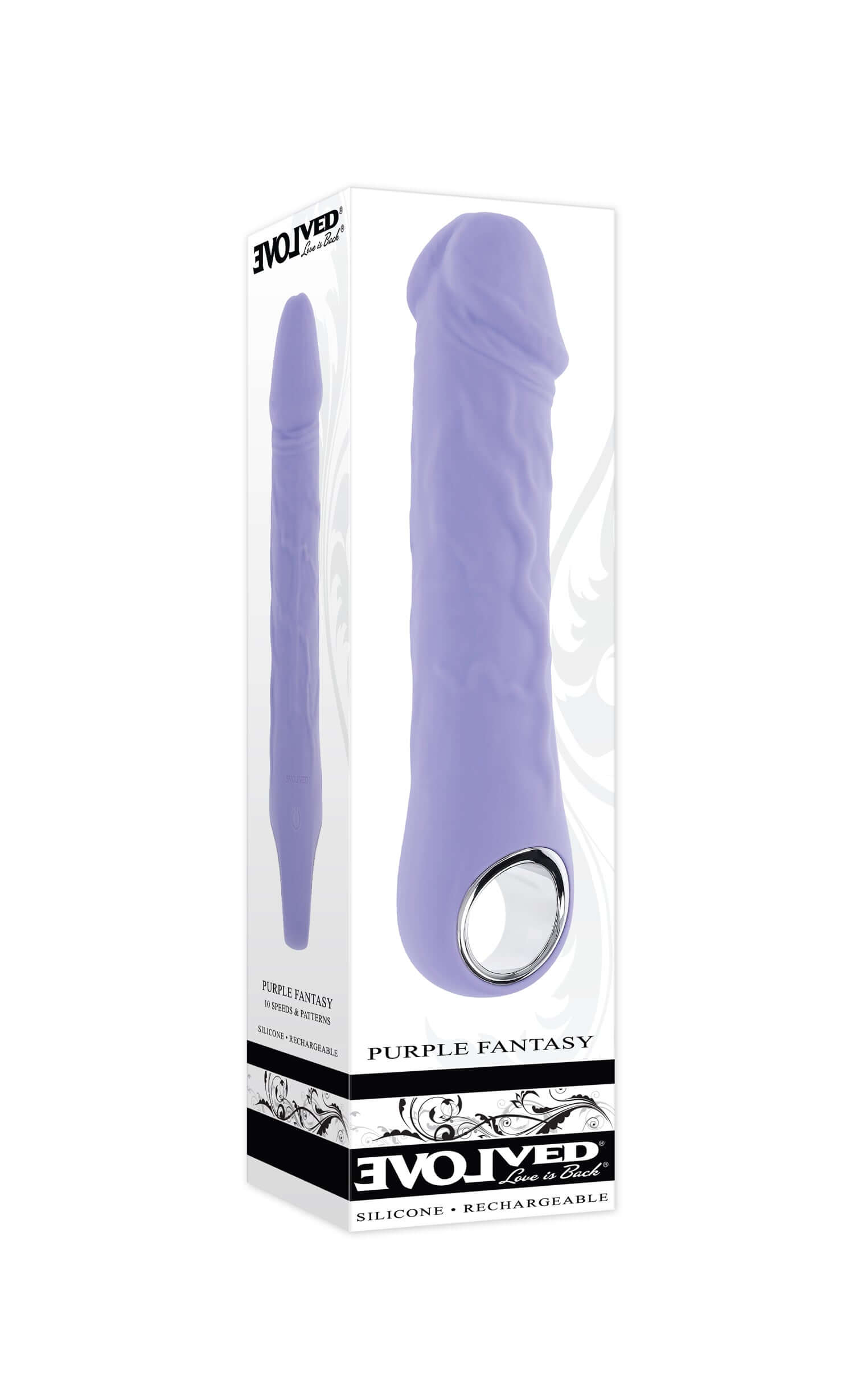 Purple Fantasy Vibrator in packaging showcasing its flexible design and chrome-finished ring handle for comfort.