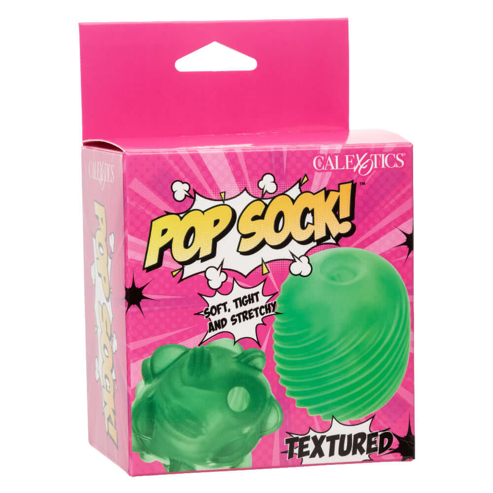 "Pop Sock Textured Masturbation Sleeve in green packaging, featuring soft, tight and stretchy reversible stroker for unique sensations."