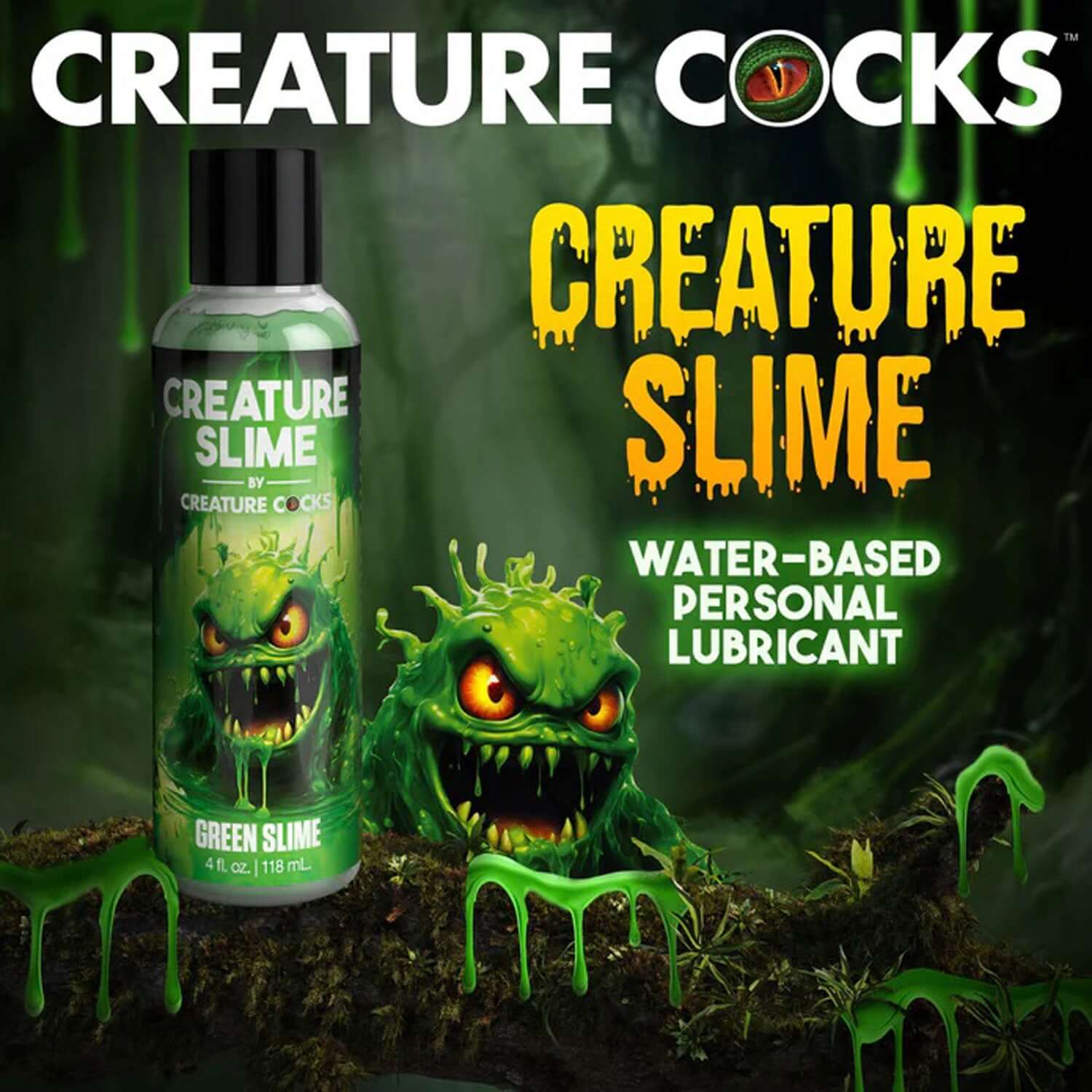 Creature Slime 4oz water-based green lubricant for fantasy role-play, packed with vibrant creature graphics in a forest setting.