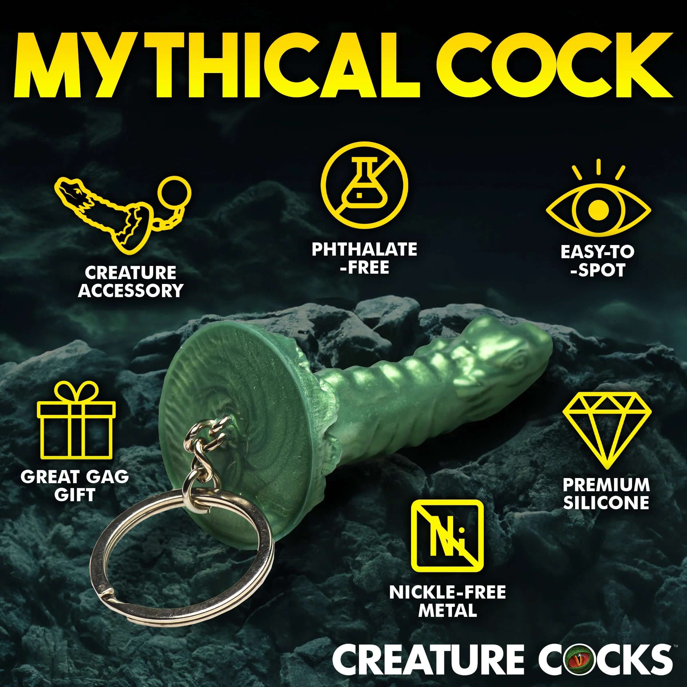 Green Cockness Monster keychain featuring premium silicone, nickel-free metal, and phthalate-free material by Creature Cocks