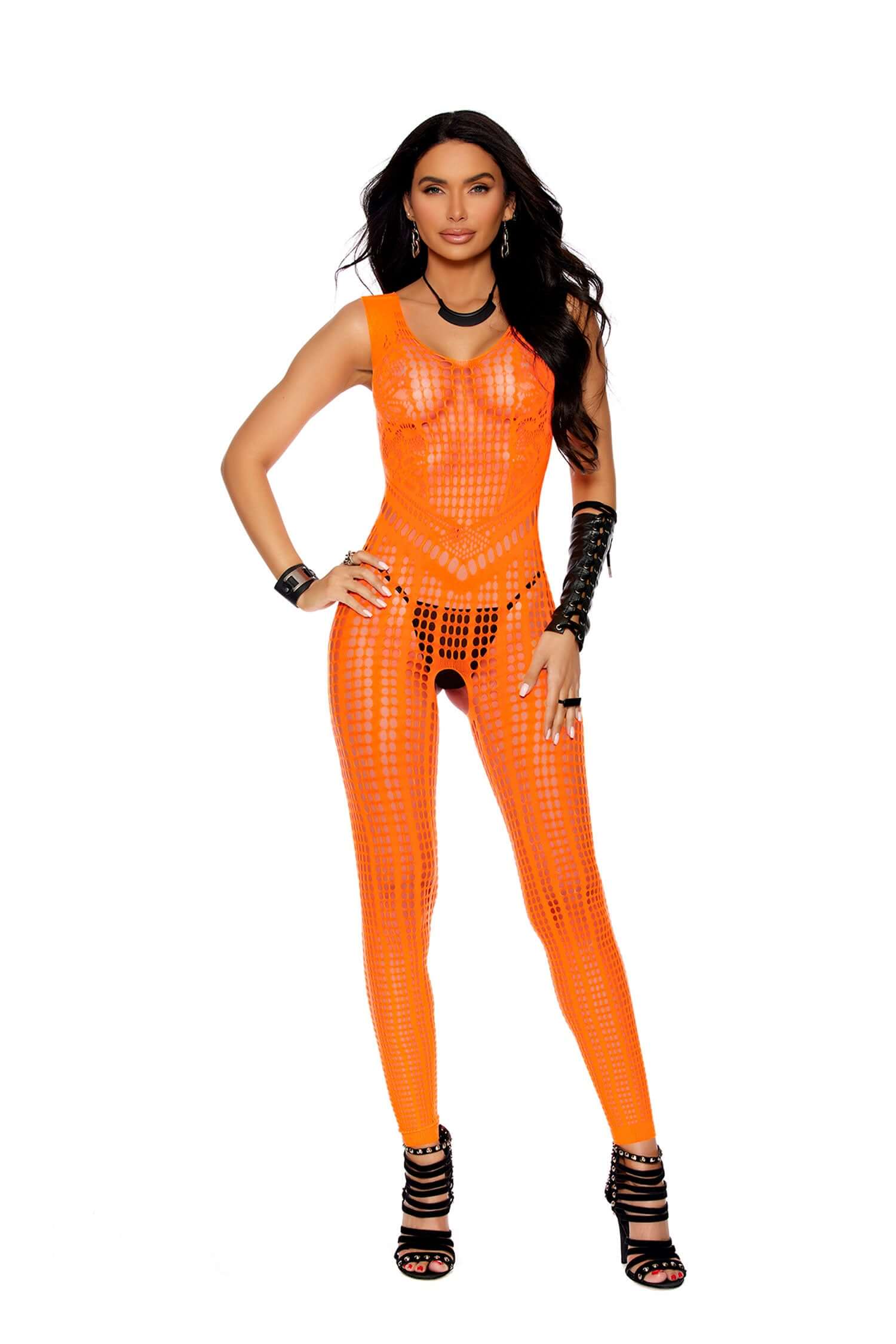 Elegant Moments orange crochet footless bodystocking with open crotch, featuring a captivating design and stretchy fit.