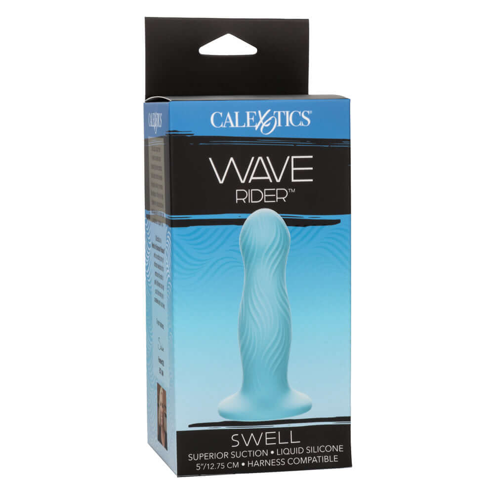 Wave Rider Swell Dildo in packaging - Blue, contoured design for intense pleasure, crafted from premium liquid silicone.