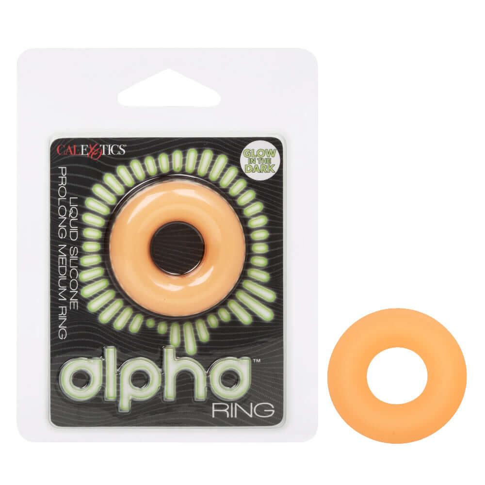 Alpha Glow-in-the-Dark Liquid Silicone Prolong Medium Ring in Orange packaging and product display