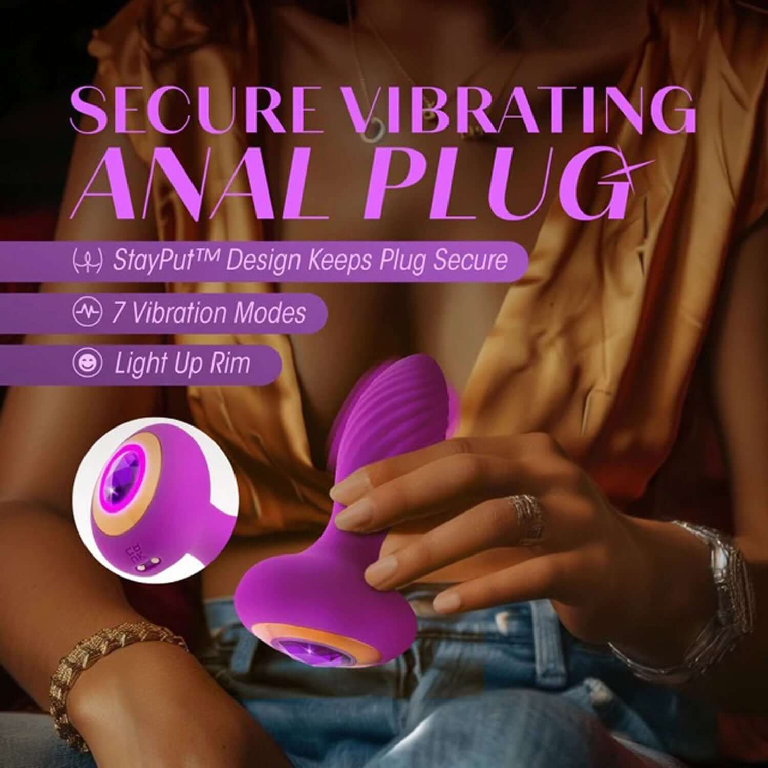 Woman holding purple secure vibrating anal plug with StayPut design, 7 vibration modes, and light-up rim.