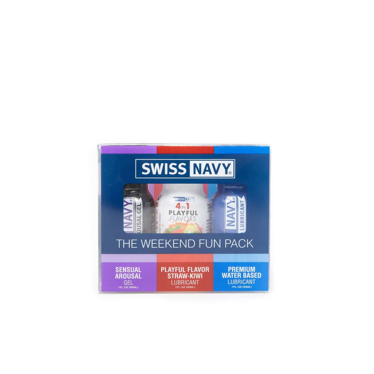 Swiss Navy Weekend Fun Pack with Sensual Arousal Gel, Straw-Kiwi Glide, and Water-Based Lubricant, 3 items included.