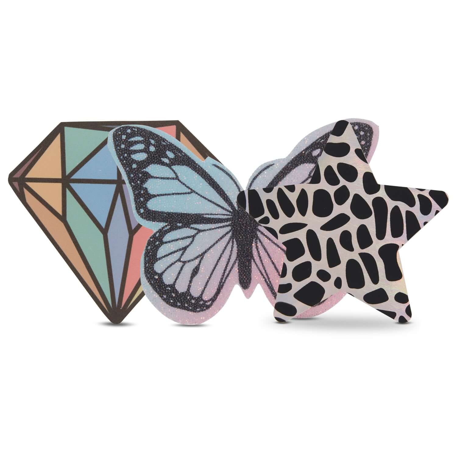 KandiHouse Prism Pack Pasties featuring colorful diamond, butterfly, and star designs for seamless coverage and comfort.