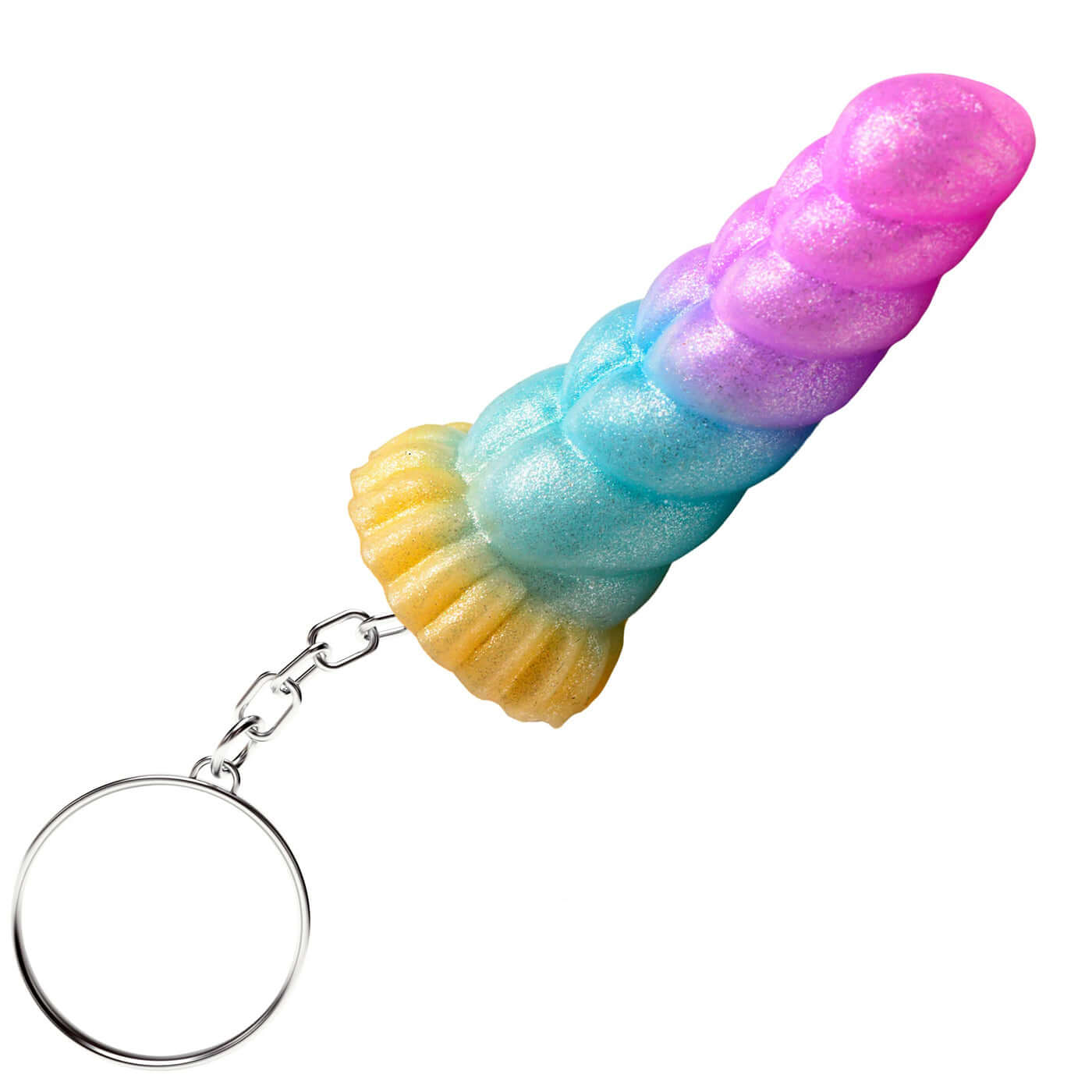 Pastel colored Mystique Unicorn keychain with rainbow horn and silver chain, ideal for fantasy roleplay and mythical-themed accessories