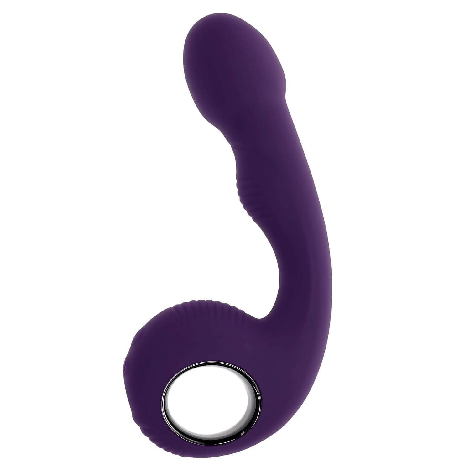 Purple rechargeable vibrator with textured handle and flexible stem, featuring multi-speed vibrations and silicone material.