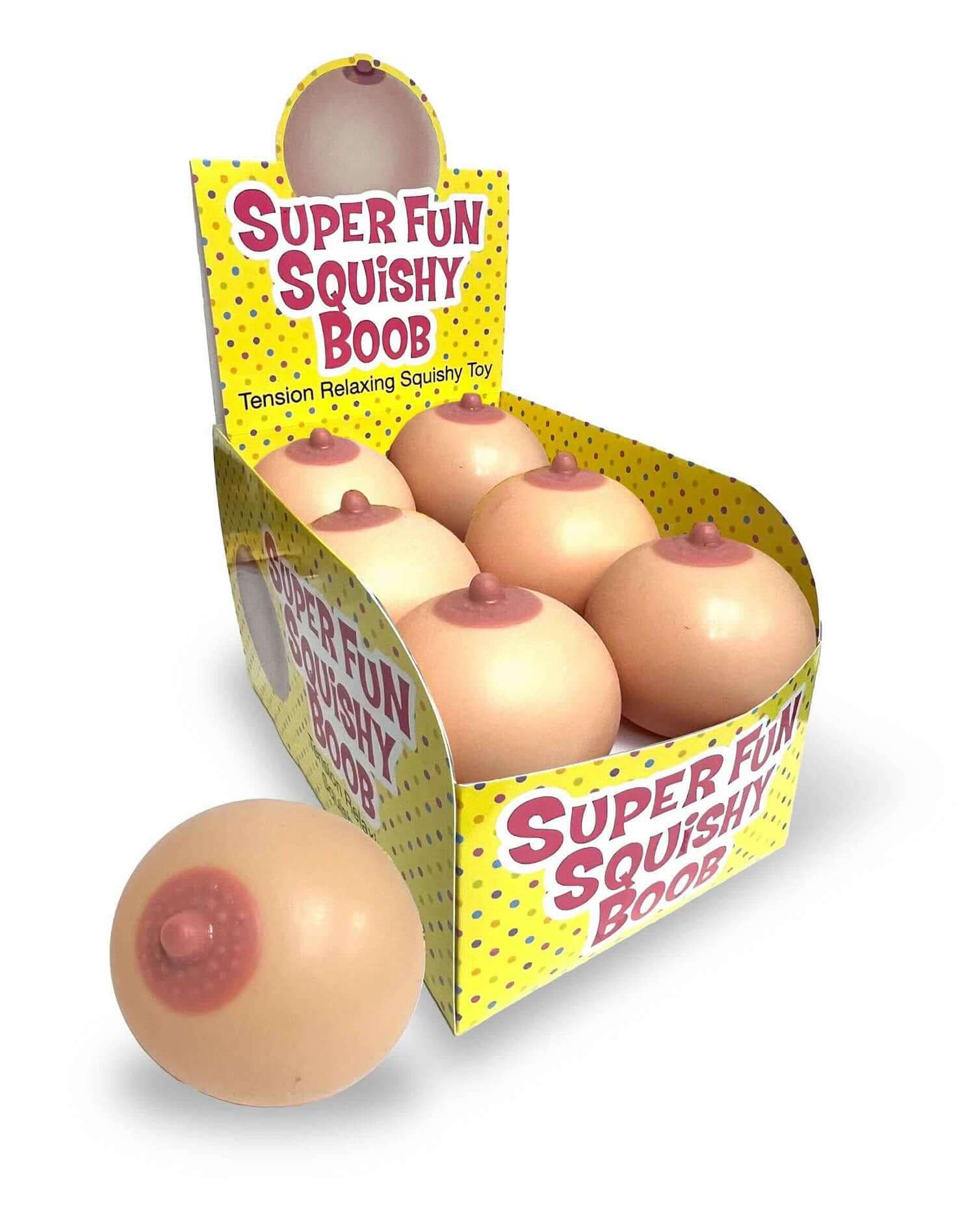 Display box of Super Fun Squishy Boobs stress relief toys, 12 count, designed for sensory fun and laughter.