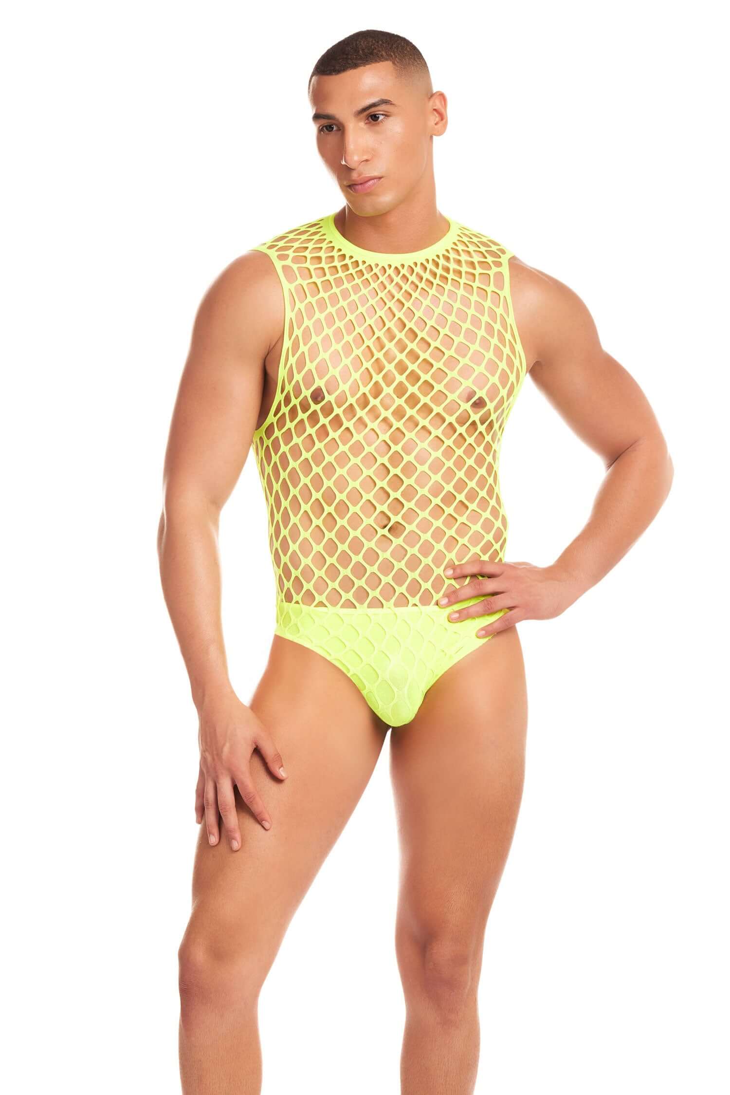 Man wearing Full Effect 2pc Set in yellow, size small/medium, made of 95% Nylon and 5% Spandex