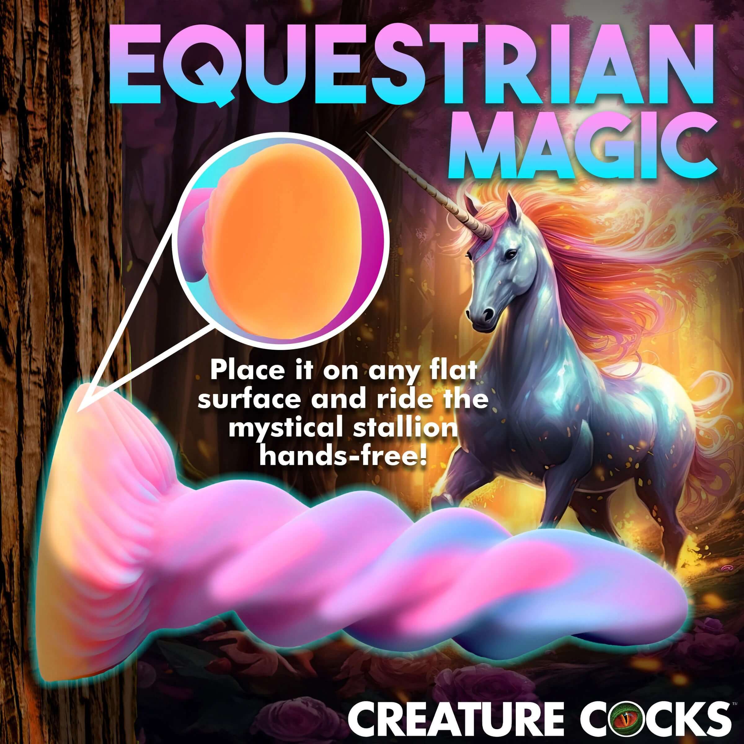 Moon Rider Glow-in-the-Dark Unicorn Dildo with magical unicorn background and suction base for hands-free use