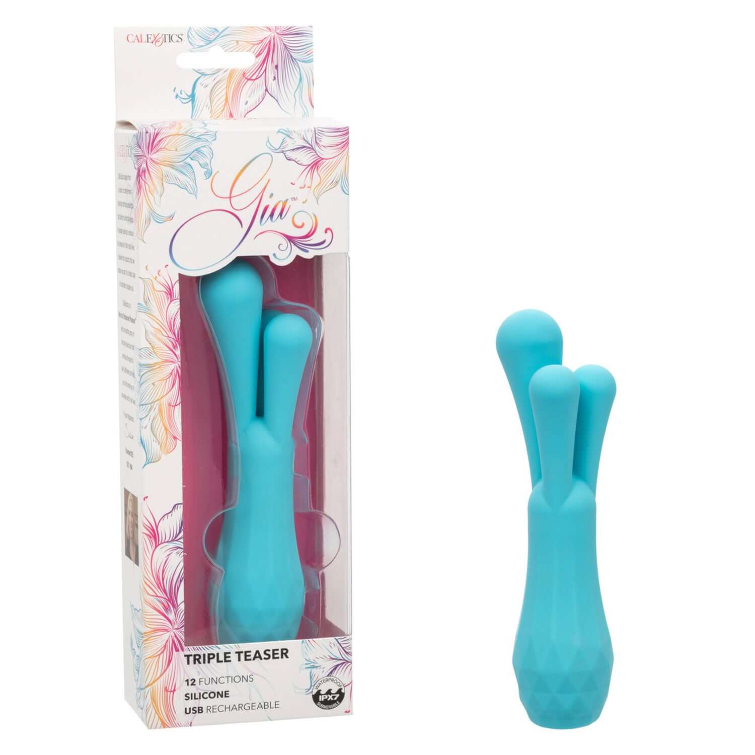 Gia Triple Teaser Vibrator in Blue with packaging, featuring 12 vibration functions and 3 distinct teasers for maximum pleasure