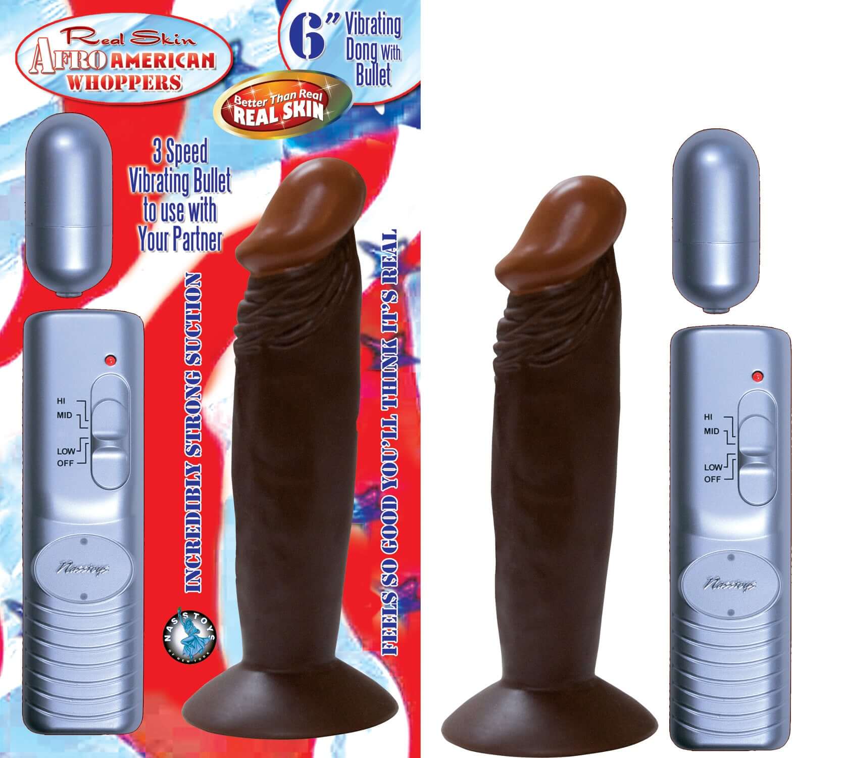 Afro American Whoppers 6 inch vibrating dong with bullet in brown with suction cup base and 3-speed controller packaging