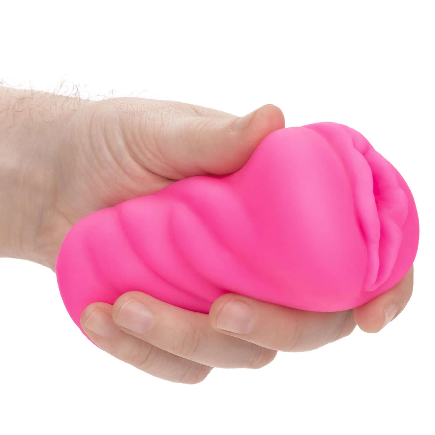 Pink anime stroker kitty pleasure toy being held in a hand for a realistic feel and maximum sensation during solo sessions.