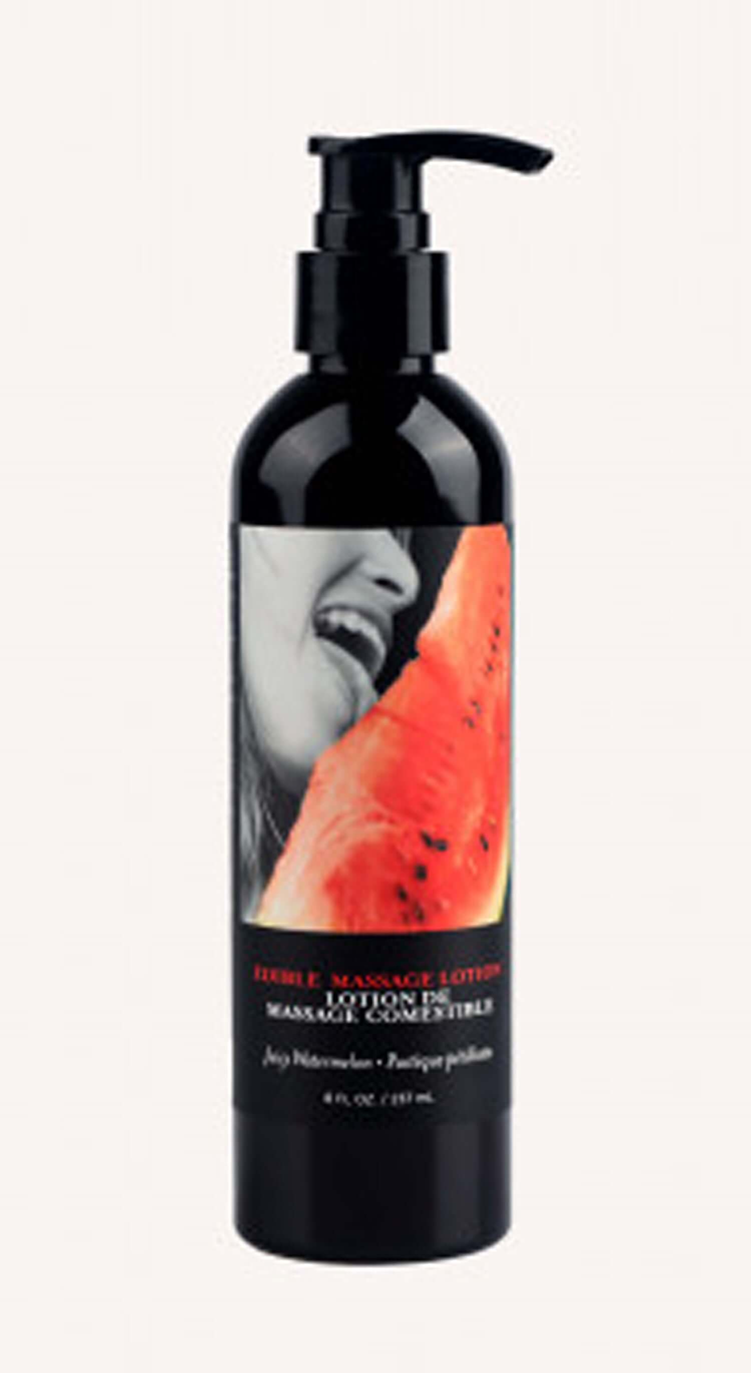 Edible massage lotion in watermelon flavor, 8 Fl. Oz. bottle, designed for moisturizing and massage enjoyment.