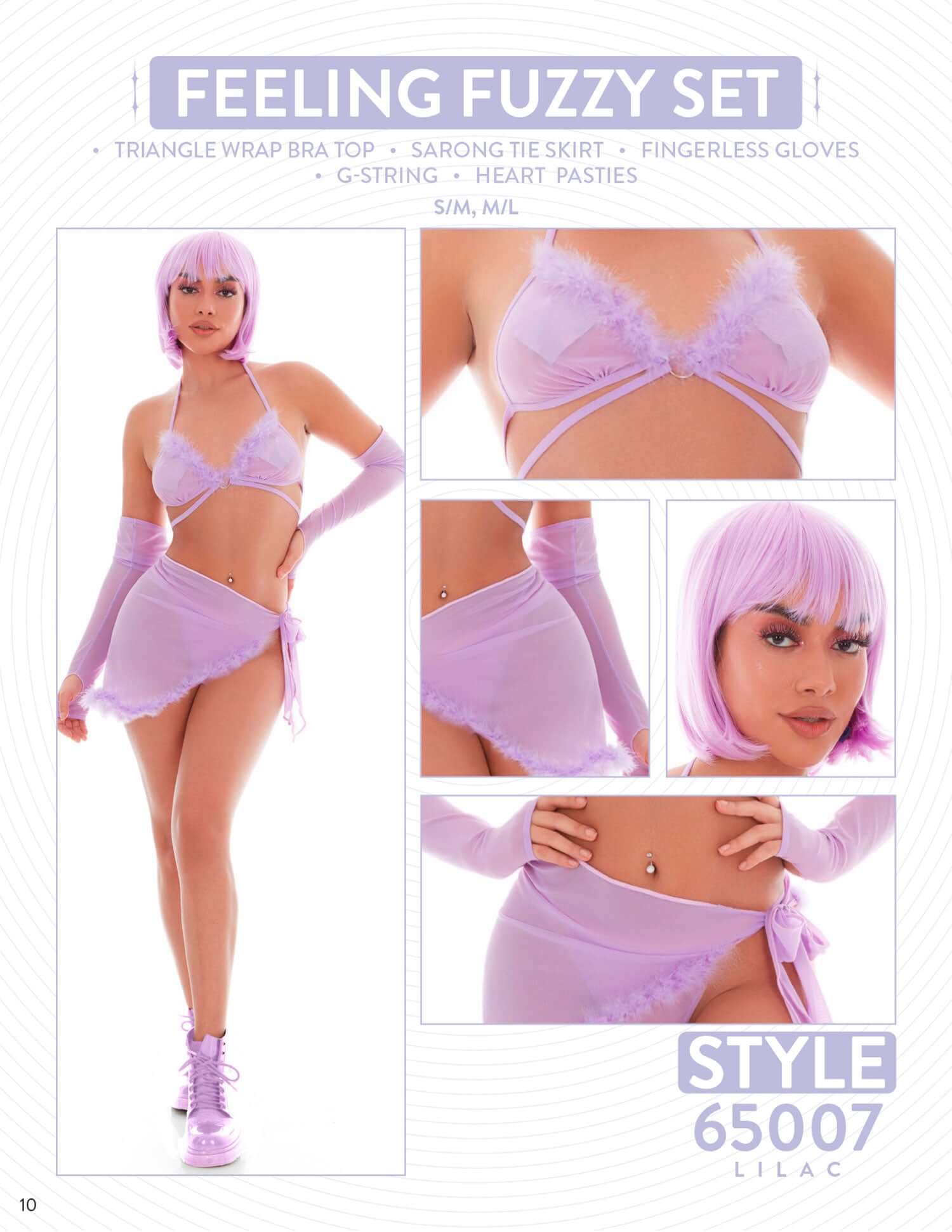 Lilac fuzzy lingerie set with bra, sarong, G-string, gloves, and pasties displayed on a model, featuring a soft nylon and spandex blend.