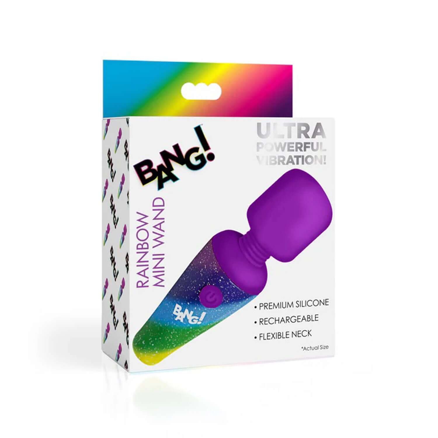 Rainbow Mini Wand Vibrator in packaging with premium silicone, rechargeable, flexible neck, and 3 speeds with 7 vibration settings