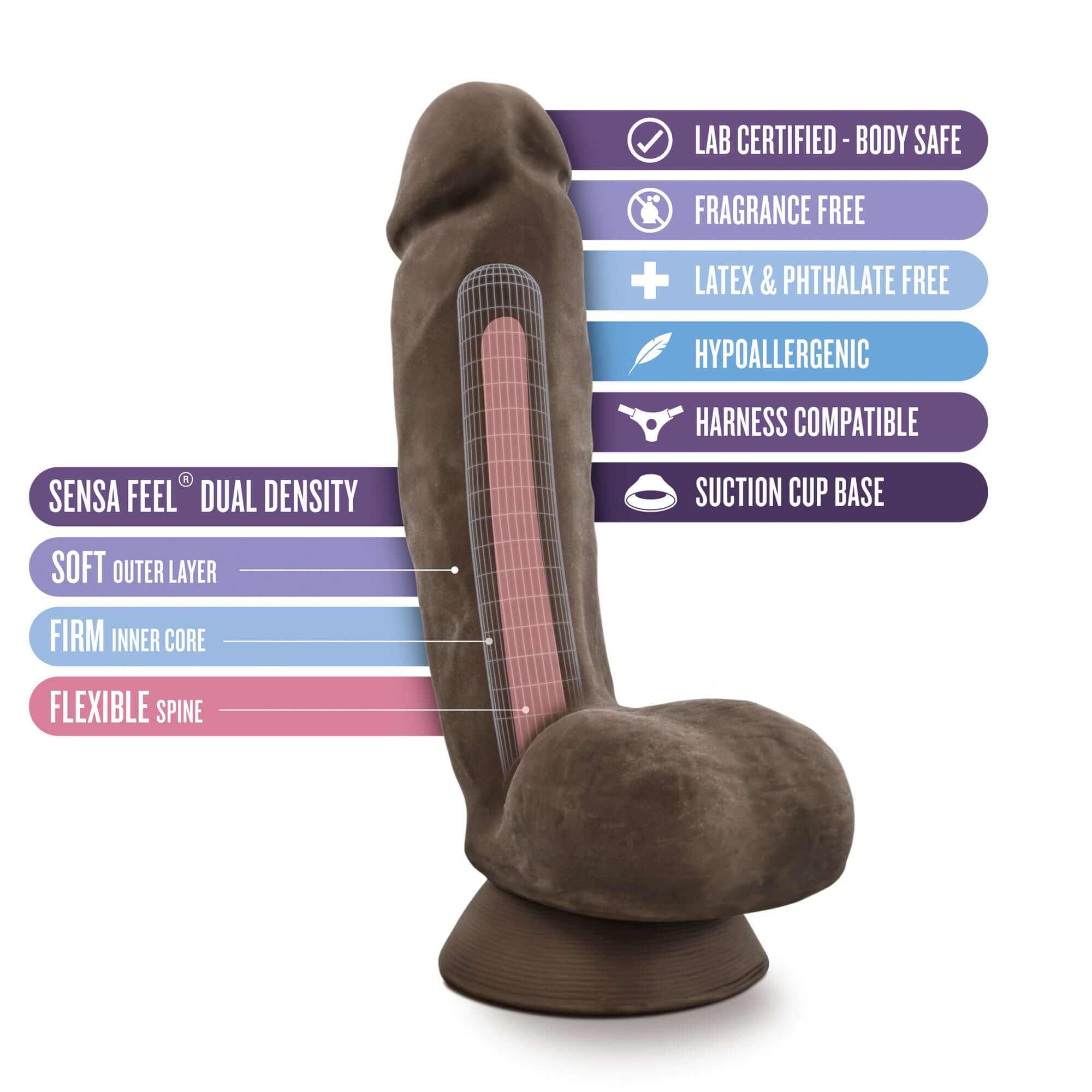 Brown dildo from Au Naturel Collection with Sensa Feel dual density tech, flexible spine, and suction cup base in front of feature icons.