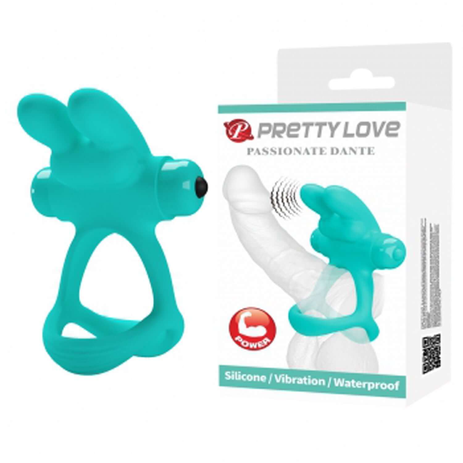 Passionate Dante Turquoise Penis Ring by Pretty Love, featuring silicone design and whisper-quiet vibrations in eco-friendly packaging.