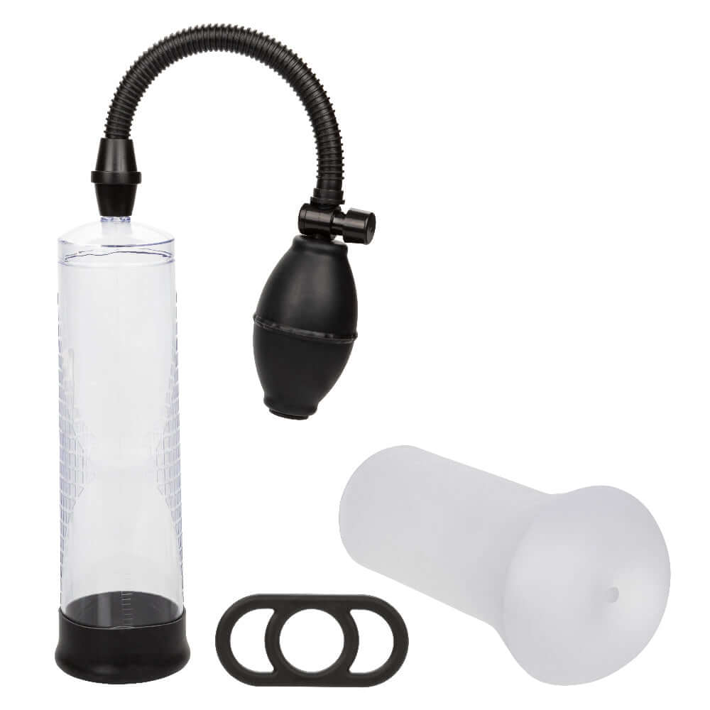 Peak Edging Kit Penis Pump - Clear cylinder pump, enhancer ring, and frosted stroker for enhanced intimate experiences