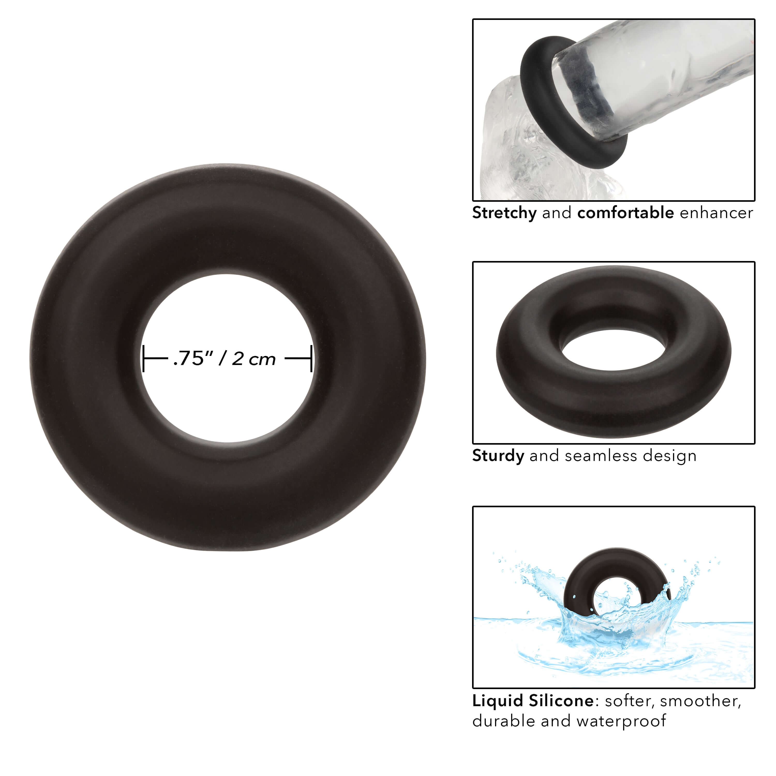 Alpha Liquid Silicone Prolong Medium Ring - Black, stretchy and comfortable enhancer, .75 inches diameter, durable and waterproof design