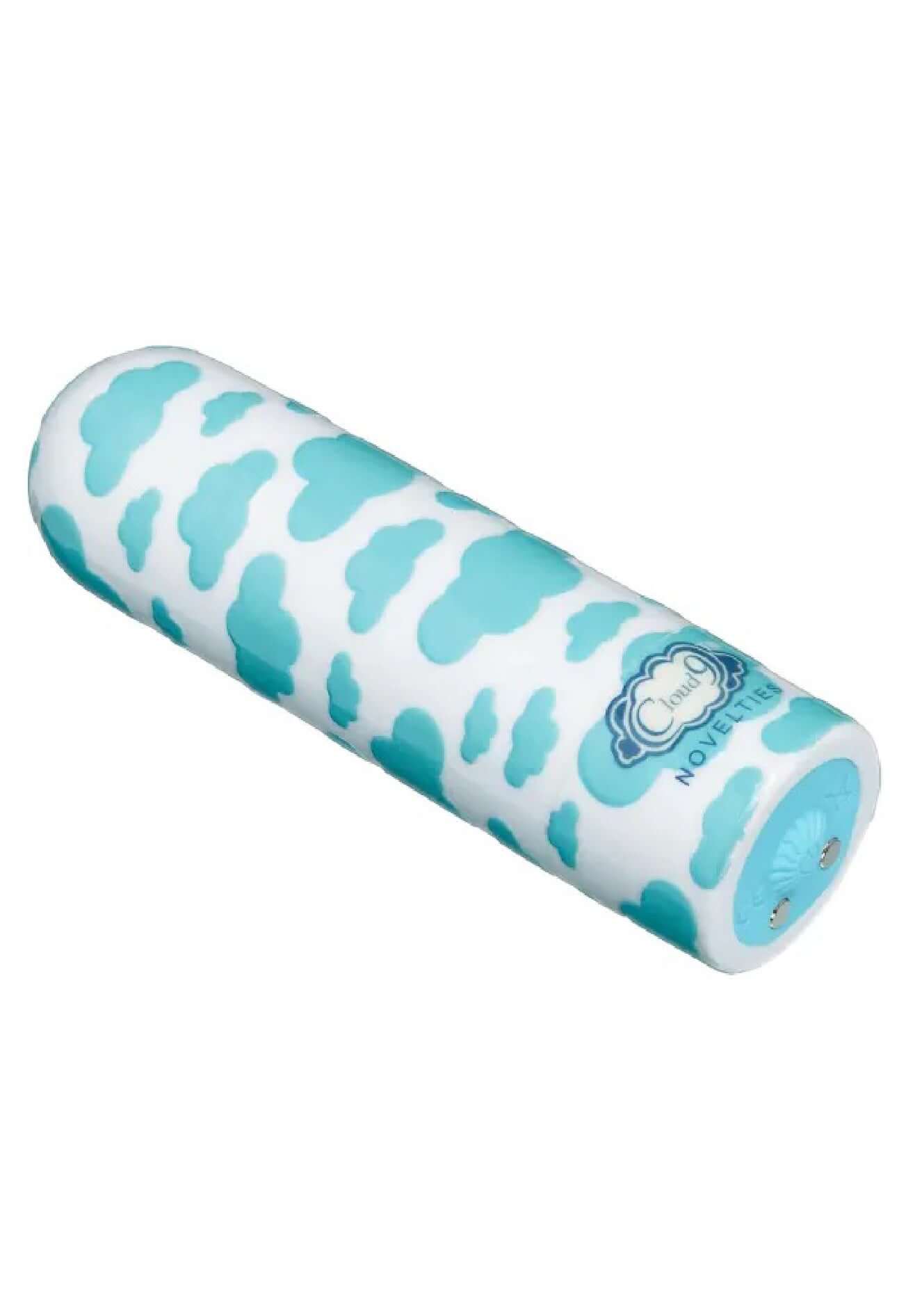 420 Stubby Vibe Cloud - White/Blue rechargeable bullet vibrator with cloud patterns, featuring 10 vibration speeds and ergonomic shape.