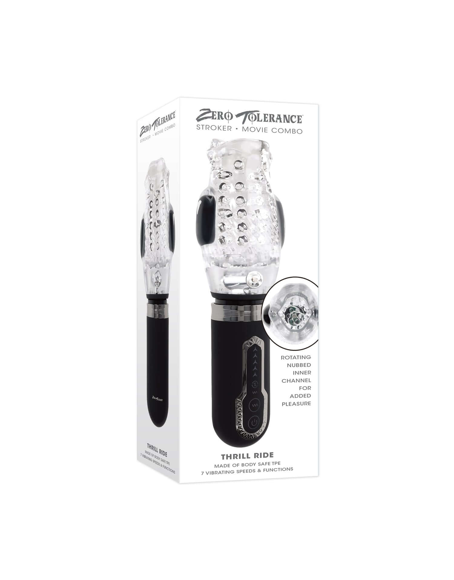 Thrill Ride Rotating Stroker packaging showcasing a clear stroker with ergonomic control and features for enhanced pleasure.