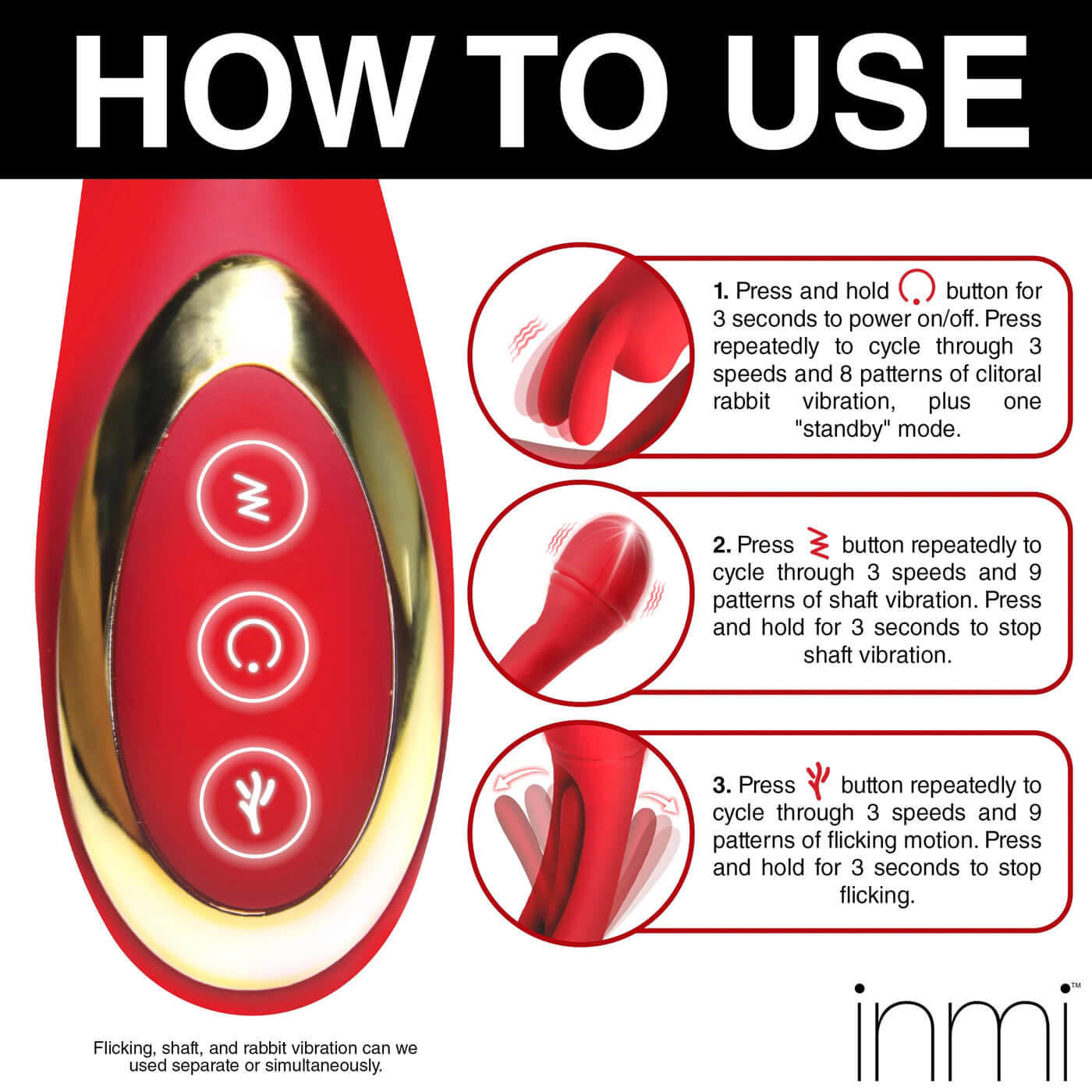 How to use Rabbit Flick Flicking Silicone Rabbit Vibrator - instructions for clitoral, shaft, and flicking vibration modes.