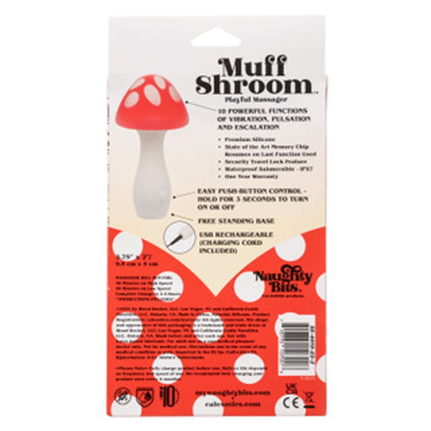 Naughty Bits Muff Shroom Playful Massager packaging with features, USB rechargeable and 10 vibration functions.