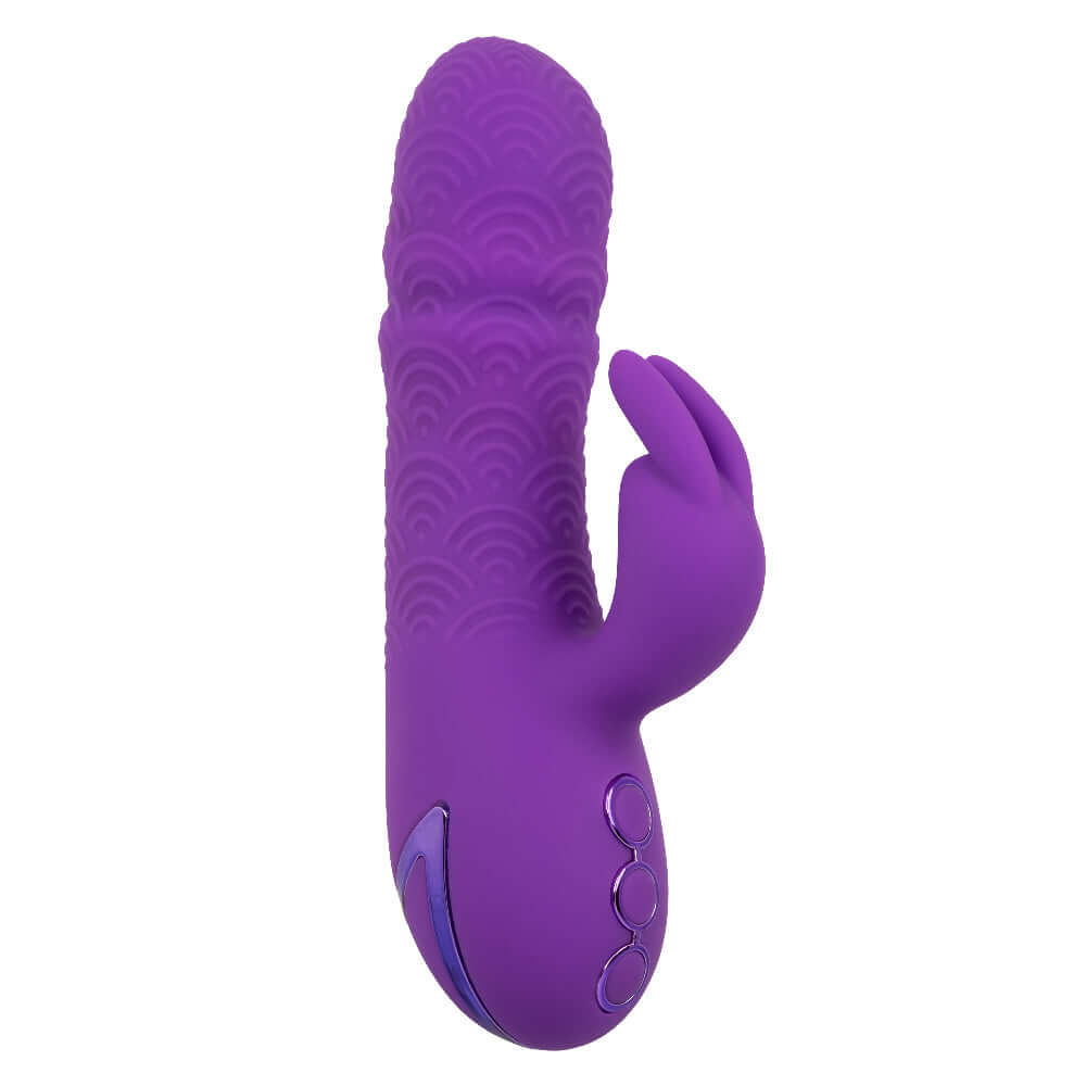 Purple California Dreaming Manhattan Beach Marvel Rabbit Vibrator with textured shaft and external stimulator.