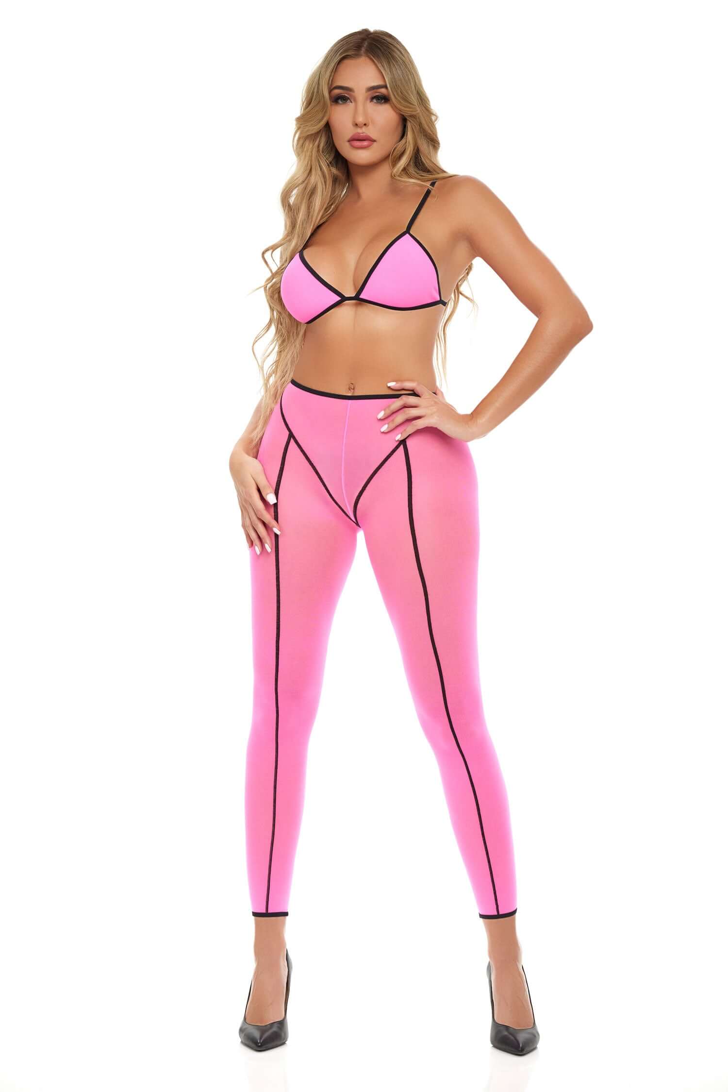 Woman wearing Double Vision 2pc Bra Set in pink with black trim, featuring a nylon and spandex blend, one-size-fits-most طراحی شده برای style and comfort.