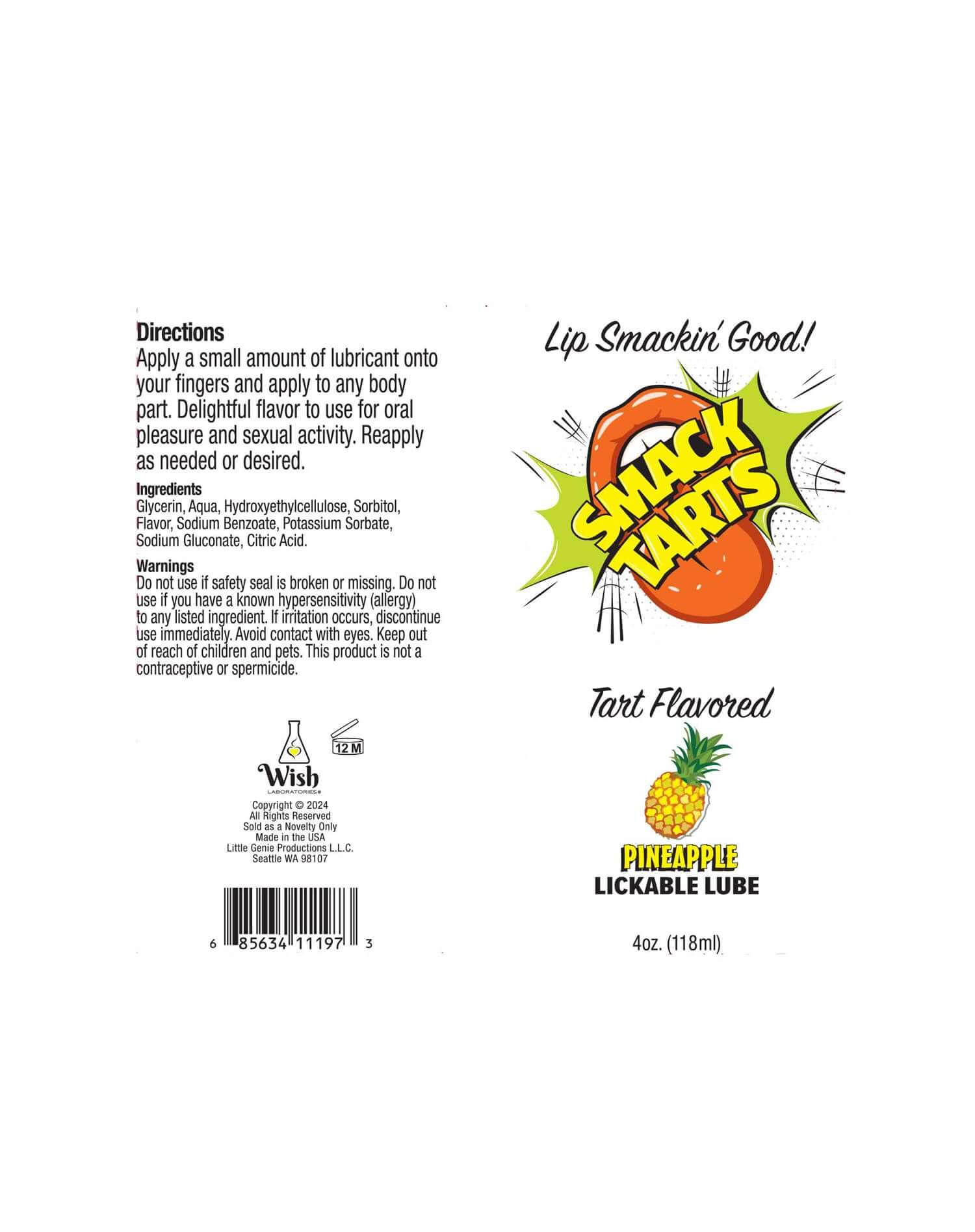 Smack Tarts 4oz Pineapple Flavored Lickable Lubricant packaging with directions, ingredients, and tart flavored pineapple imagery