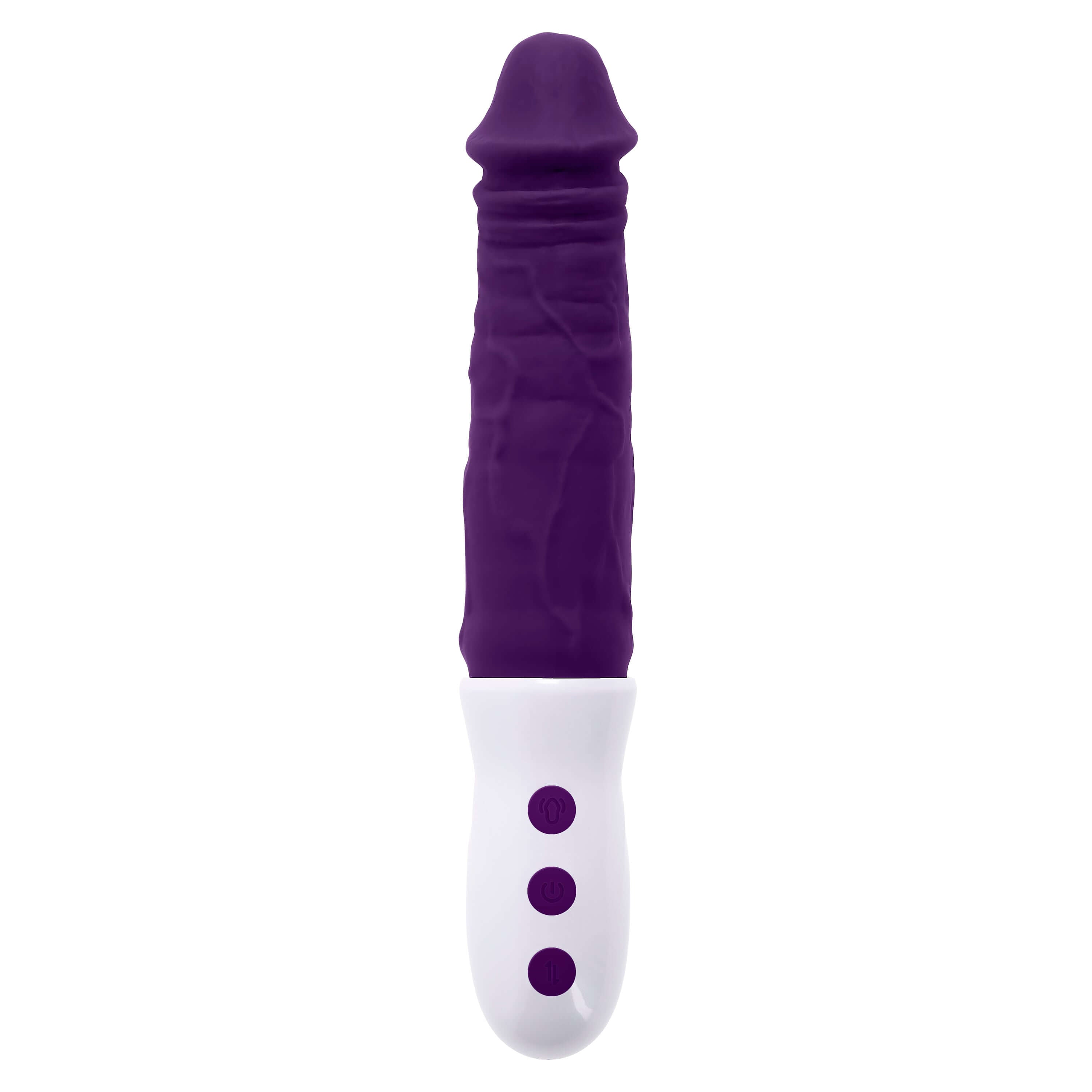 Evolved Plum Thrust Vibrator in purple with textured shaft and control buttons, offering 1.5 inches of thrust and robust vibrations.