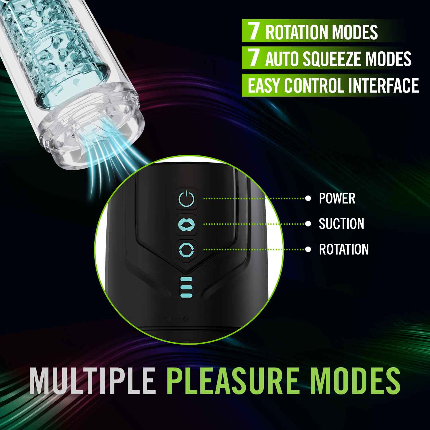 Whirlwind Pro Masturbator interface showcasing 7 rotation modes, 7 auto squeeze modes, and easy control interface for multiple pleasure modes.