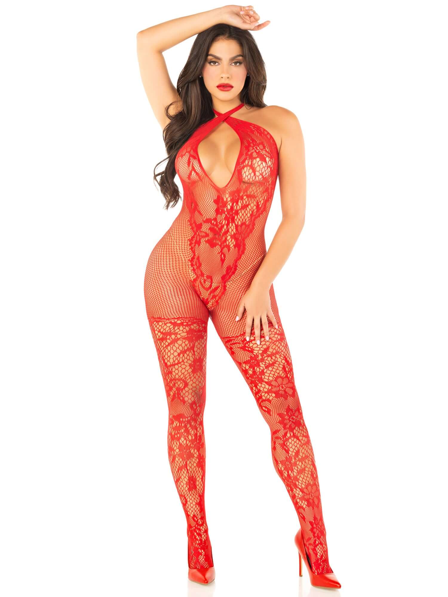 Red seamless net and lace lingerie jumpsuit with keyhole crossover halter for a seductive look. One size fits most.