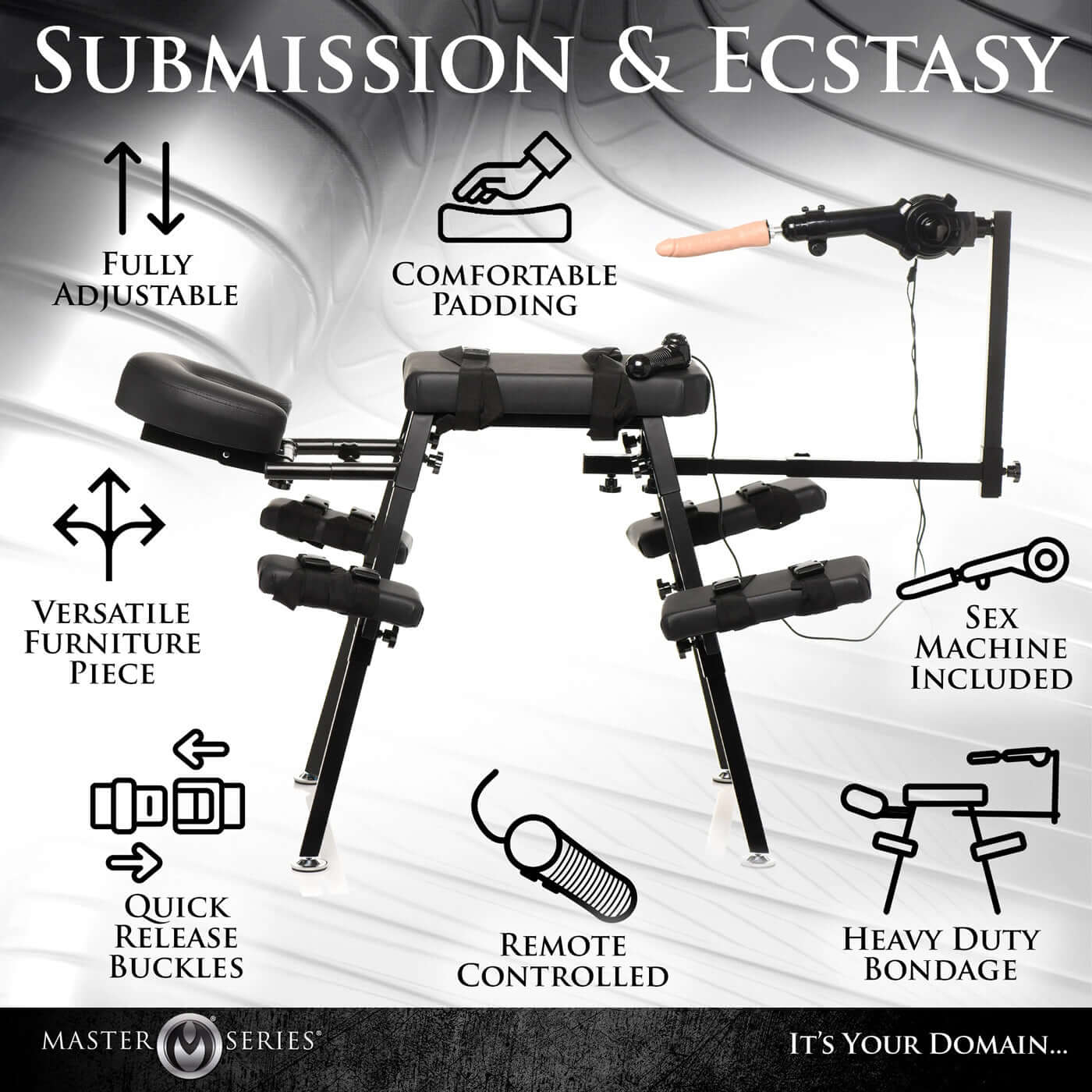 Adjustable obedience bench with sex machine, comfortable padding, remote control, and quick release buckles for bondage play.