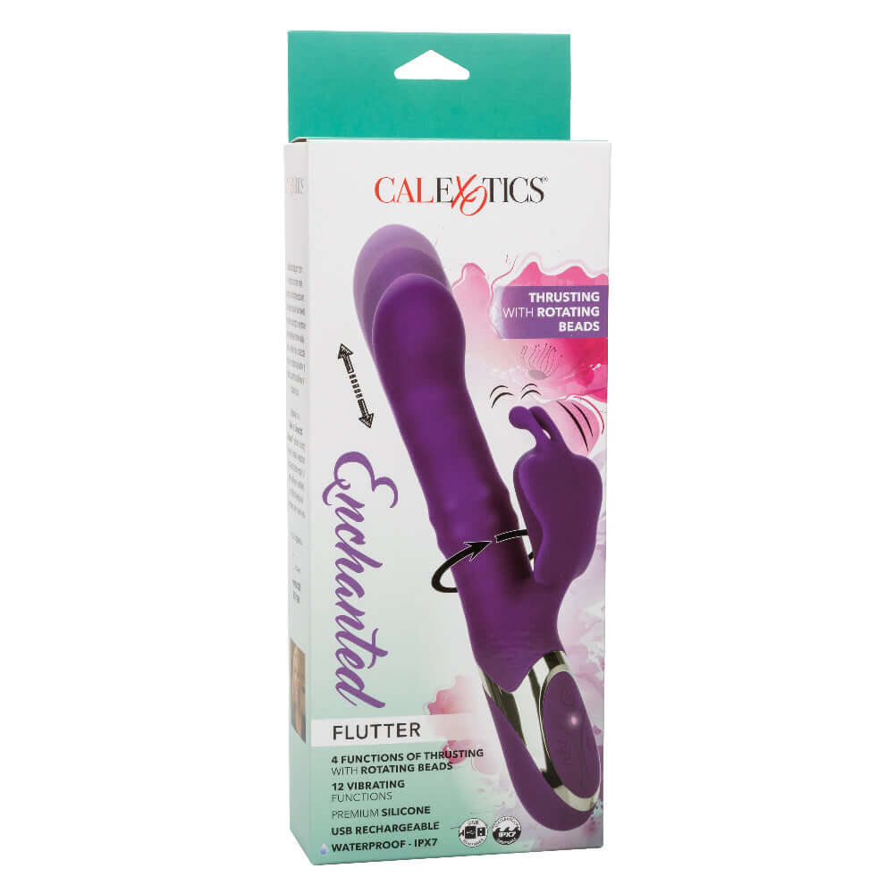 Enchanted Flutter Massager in purple packaging with thrusting and rotating bead features, body-safe silicone, and waterproof IPX7 rating.