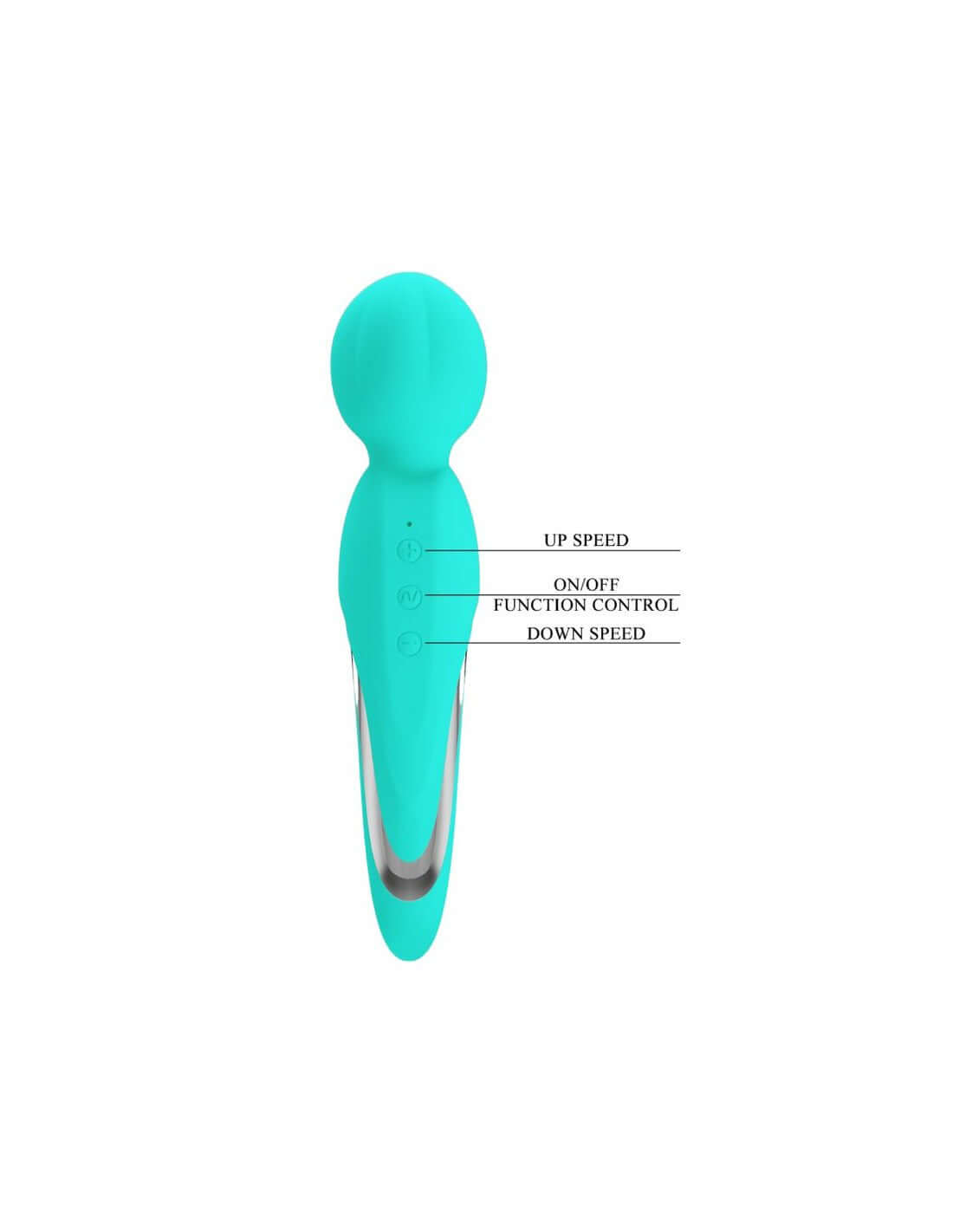 Walter Super Soft Silicone Wand in Seafoam with control labels showing up speed, on/off, function control, and down speed.