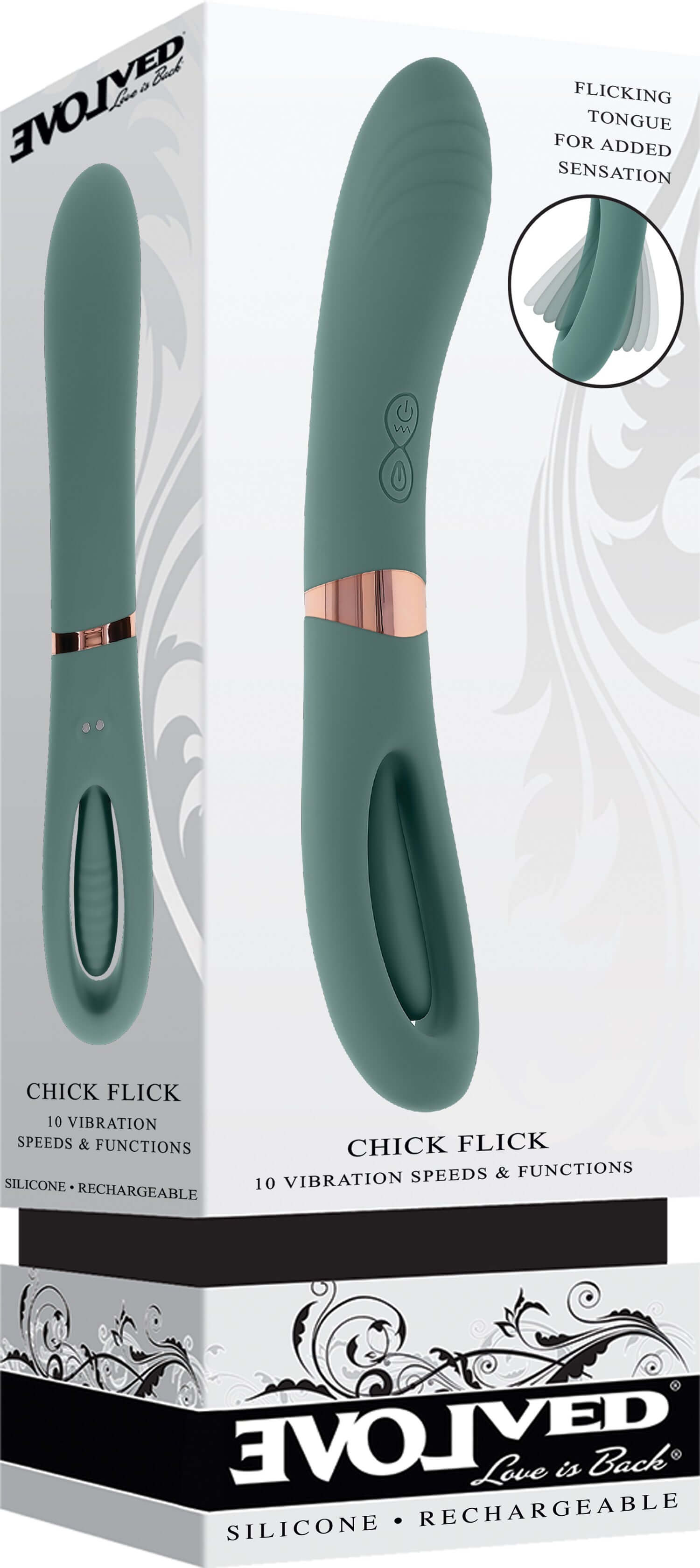 Evolved Chick Flick Tongue Mint Vibrator packaging, showcasing a double-ended design with ribbed shaft and flicking tongue feature.