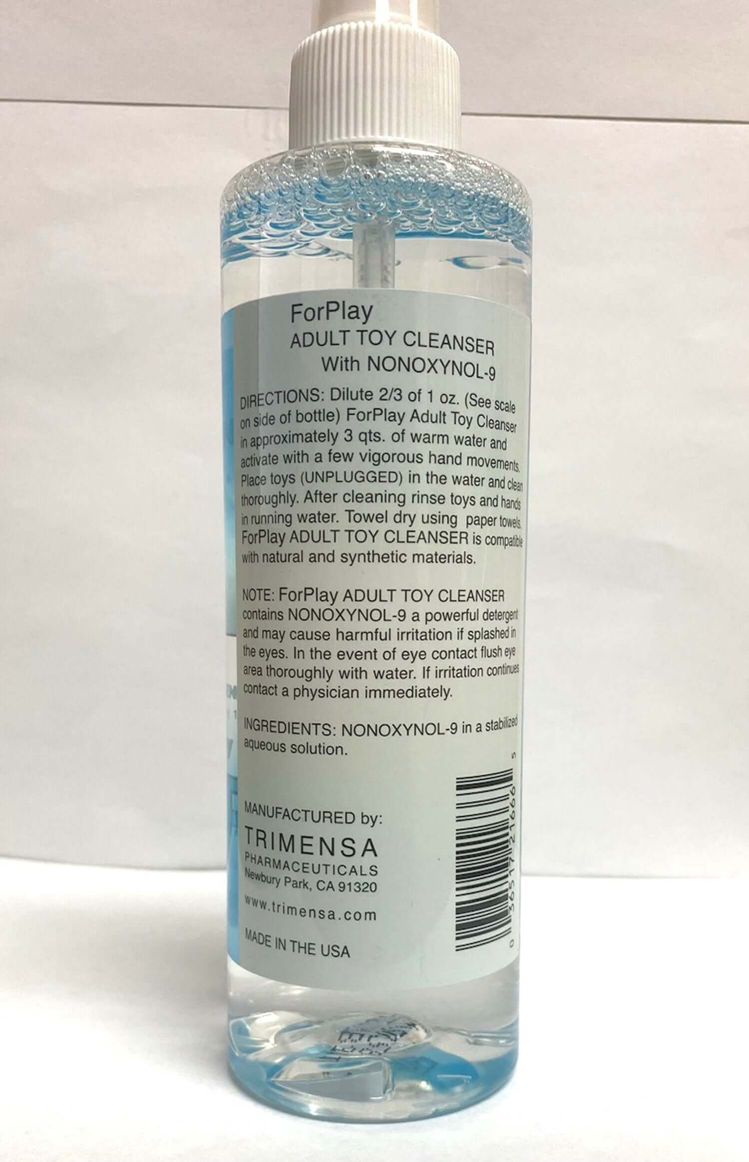 ForPlay Adult Toy Cleanser 7 oz bottle with Nonoxynol-9 and usage directions on the label.