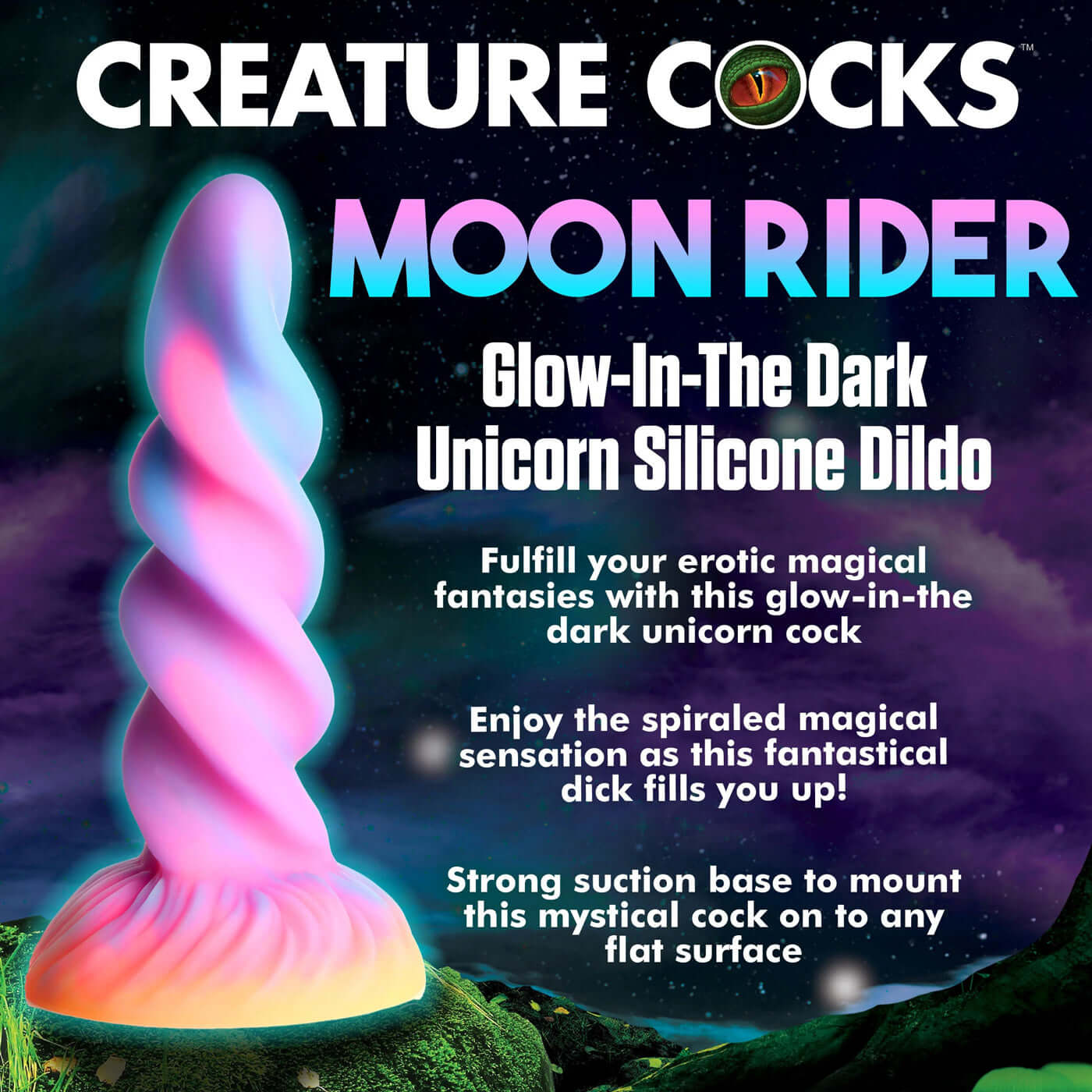 Moon Rider glow-in-the-dark unicorn silicone dildo with purple, blue, pink, and yellow colors and spiral horn design on a rocky surface