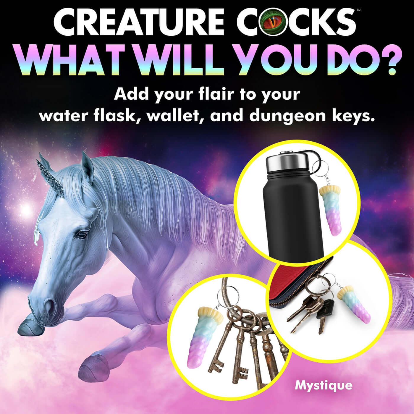 Mystique Unicorn Keychain shown on water flask and with keys. Add flair to your essentials with this pastel-colored, fantasy-themed keychain.