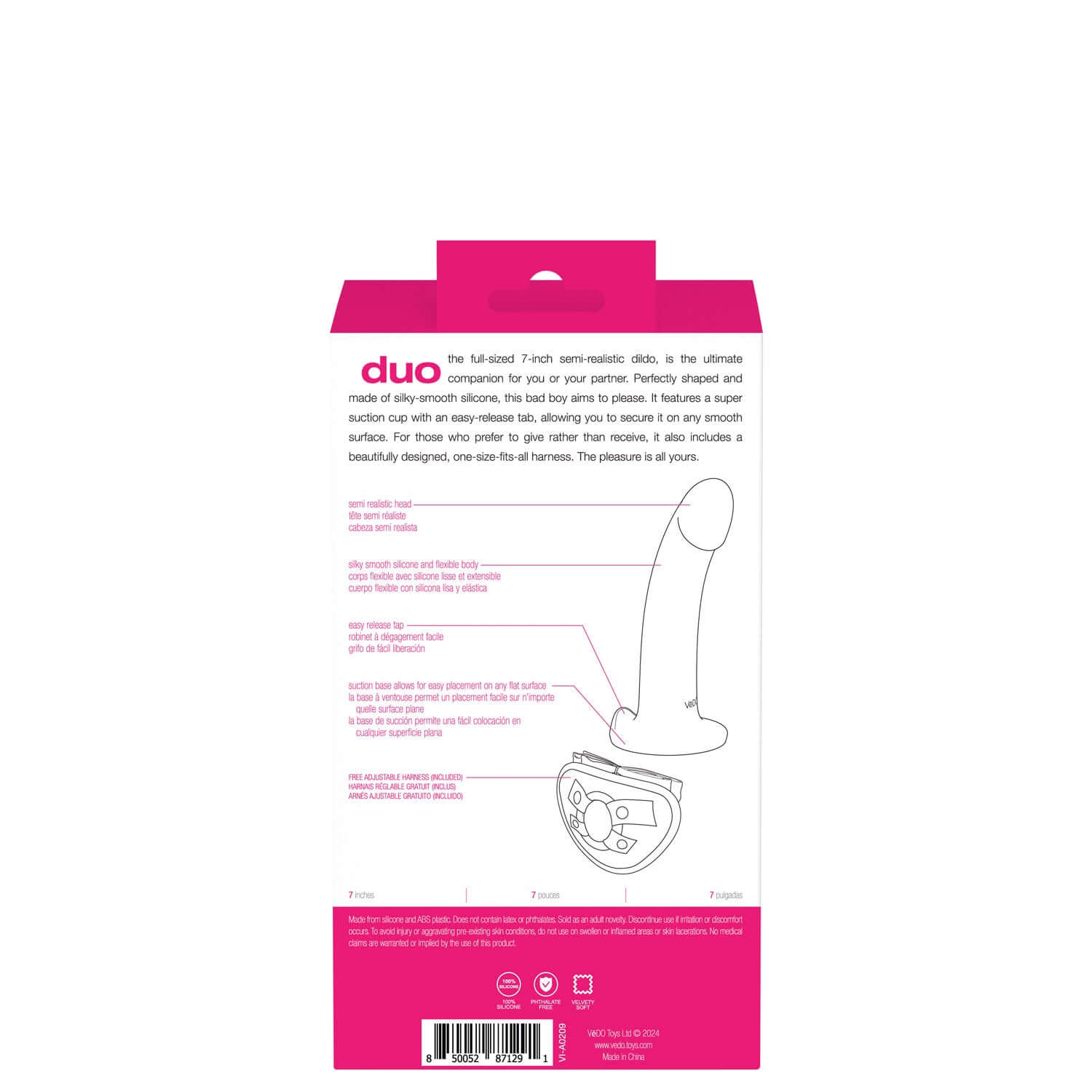 Packaging of Vedo Duo 7" semi-realistic dildo with harness in pink/purple, showcasing product features and design details.