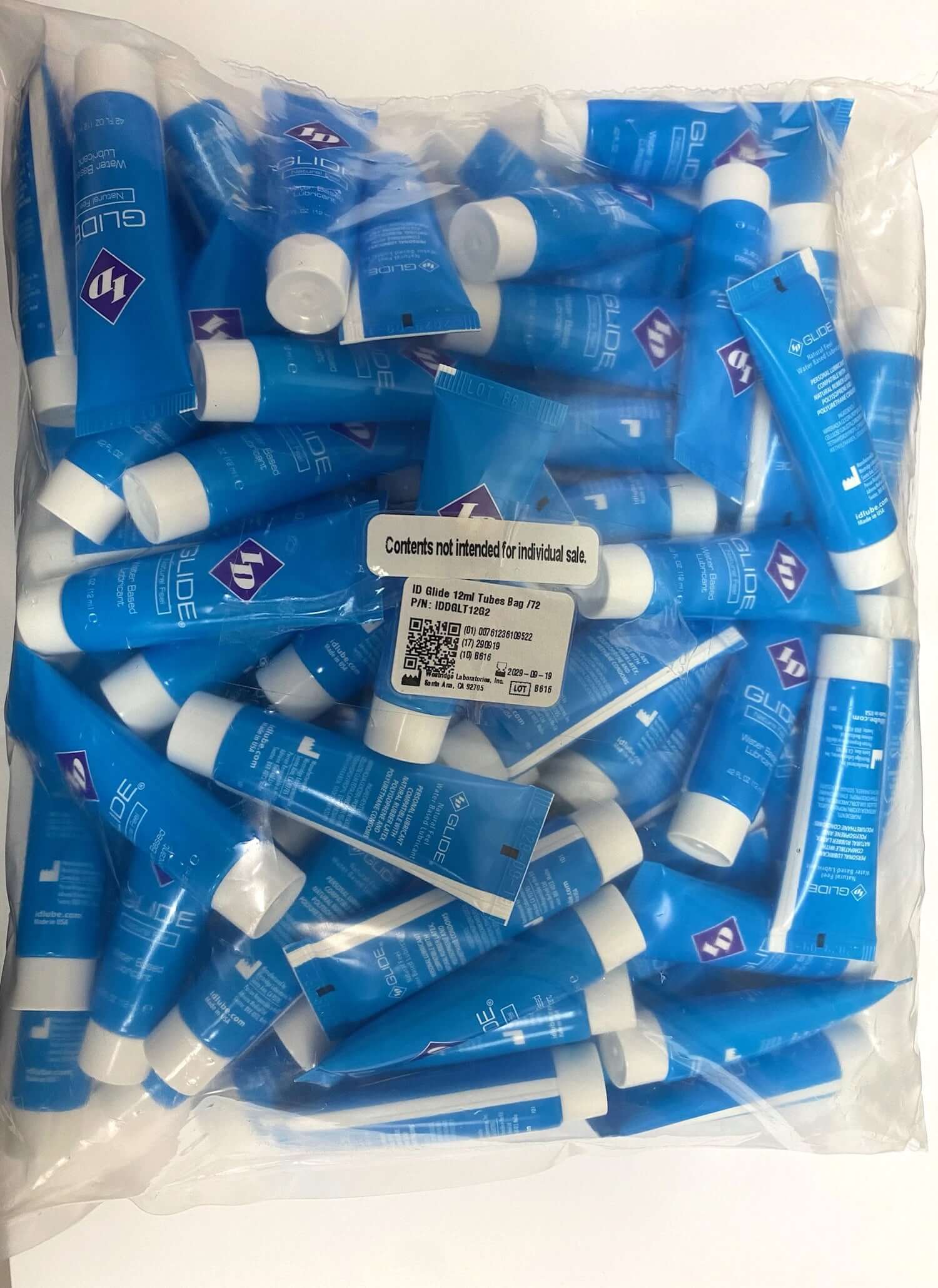 Bag of 72 Glide 12ml tubes, featuring gentle lubrication for personal and intimate needs, FDA approved and doctor recommended.