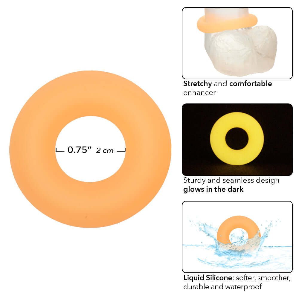 Alpha Glow-in-the-Dark Liquid Silicone Prolong Medium Ring in orange showcasing its stretchy, luminous, waterproof features, and 0.75-inch size.