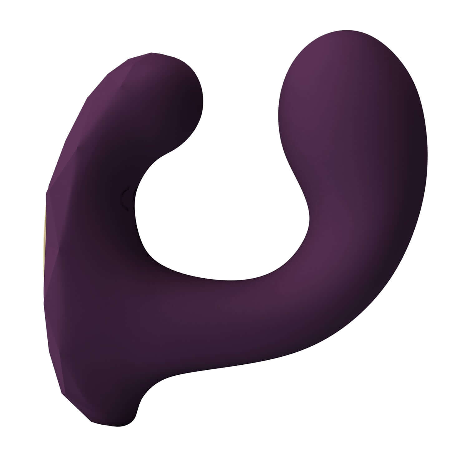 C-shaped purple vibrator with dual motors for G-spot and clitoral stimulation. Smooth non-toxic silicone design.